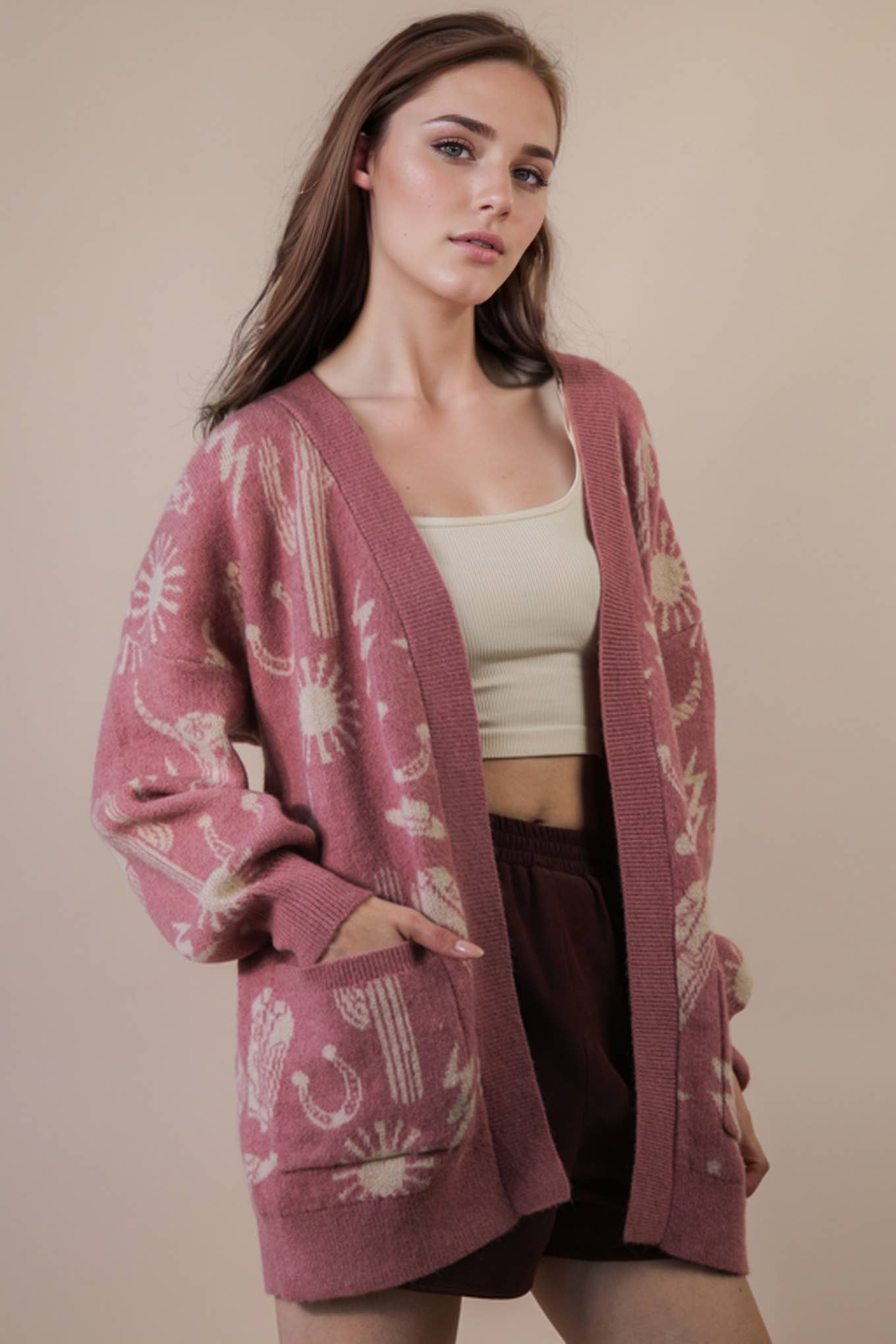 Western Graphic Knit Sweater Cardigan - Mauve - Rooted & Reckless Co.