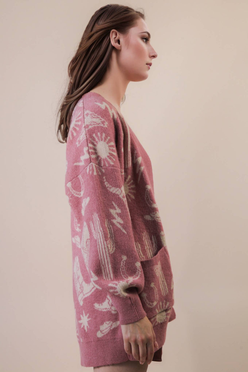 Western Graphic Knit Sweater Cardigan - Mauve - Rooted & Reckless Co.