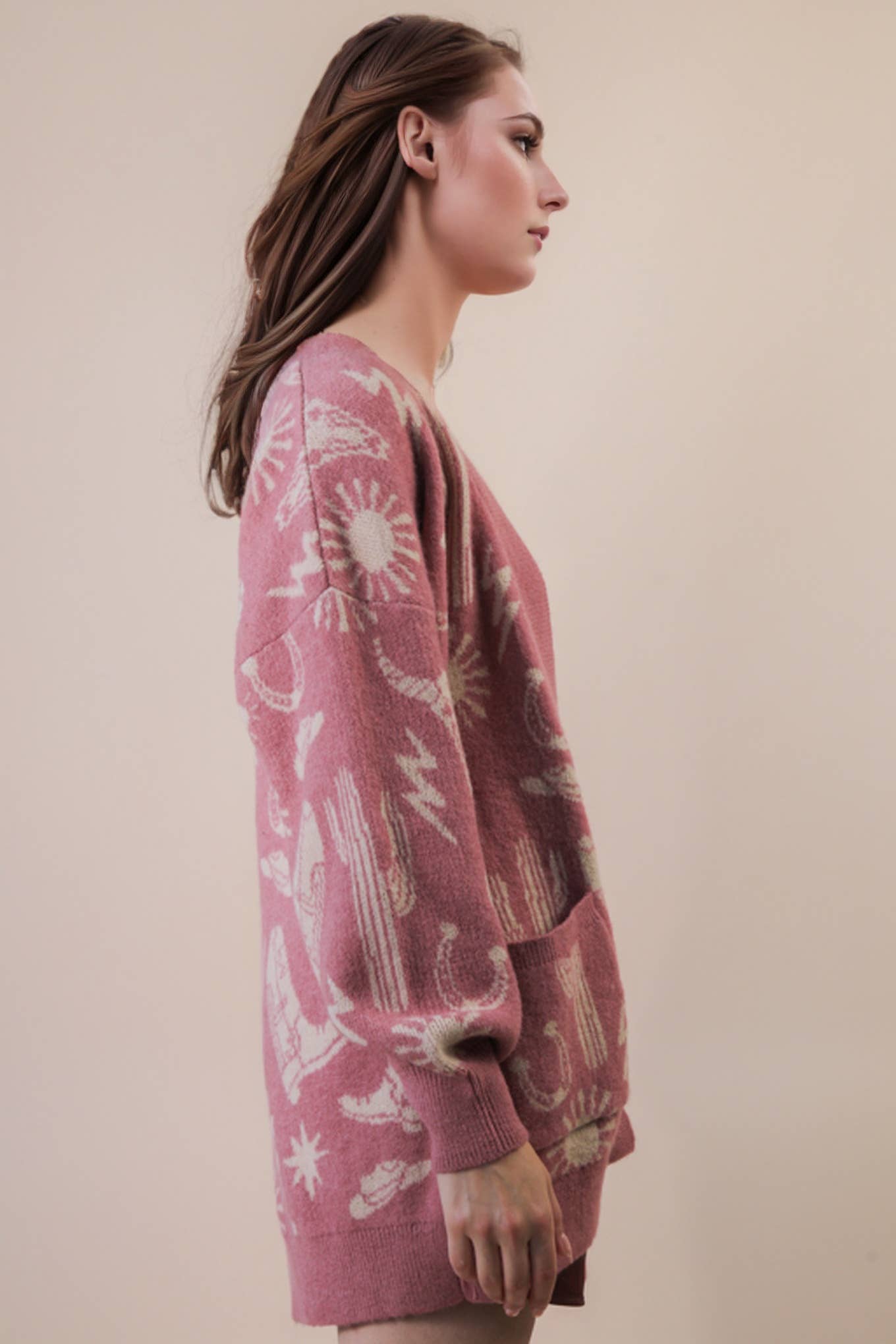 Western Graphic Knit Sweater Cardigan - Mauve - Rooted & Reckless Co.