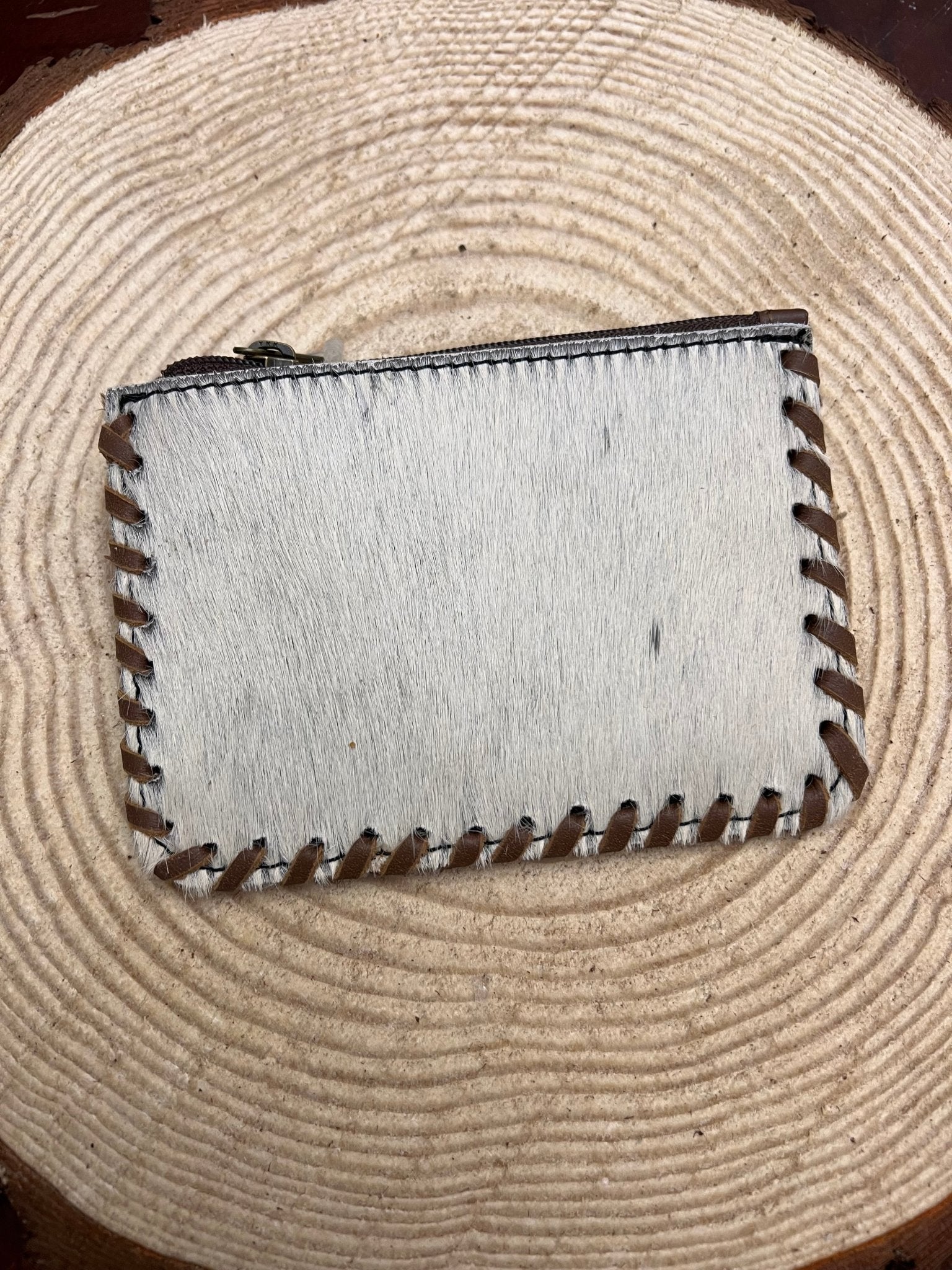 Western Hair-on-Hide Coin Purse — Brown & White Cowhide Mini Accessory - Rooted & Reckless Co.