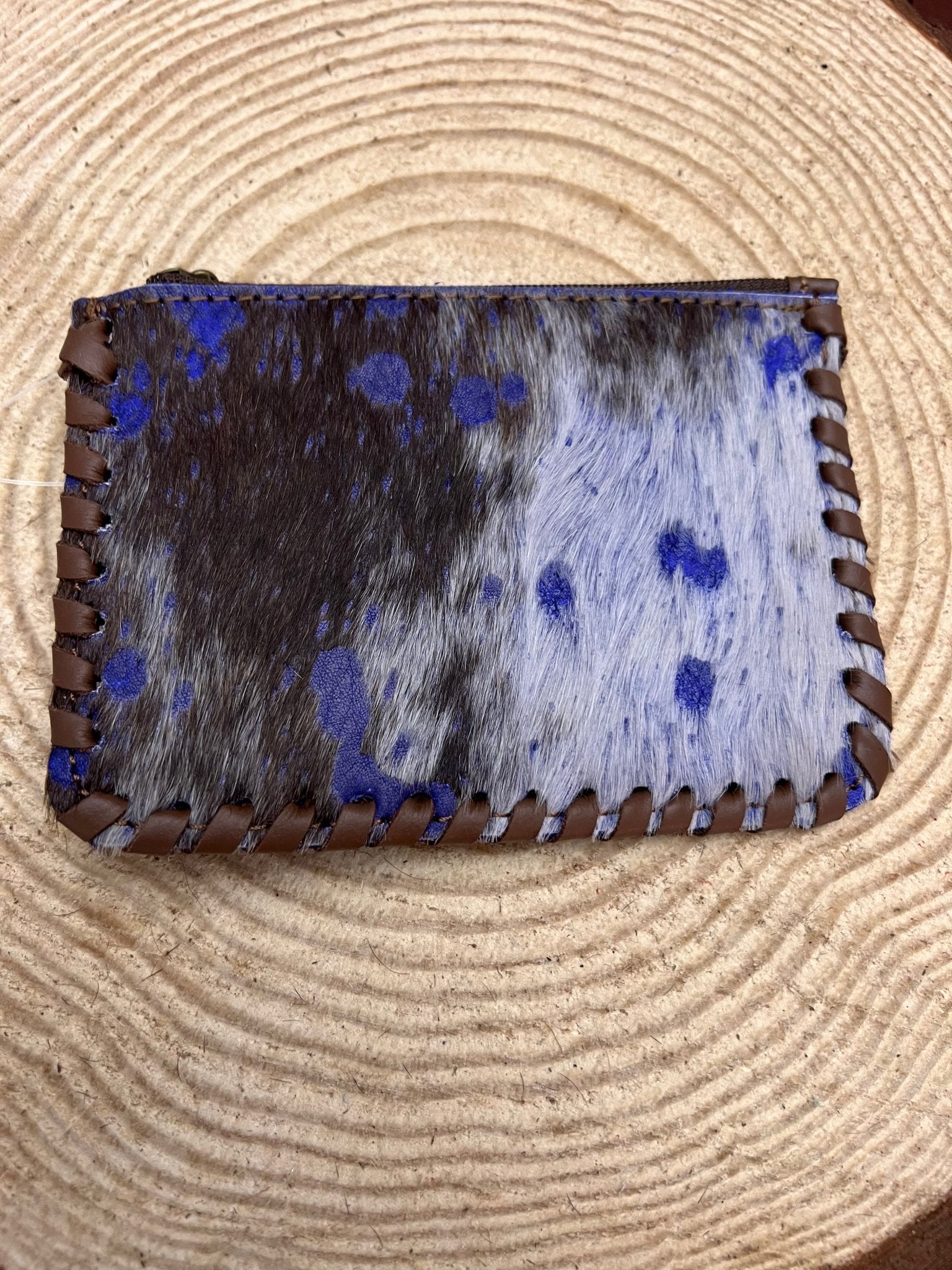 Western Hair-on-Hide Coin Purse — Dark Blue Paint Splatter Hand-Painted Cowhide - Rooted & Reckless Co.