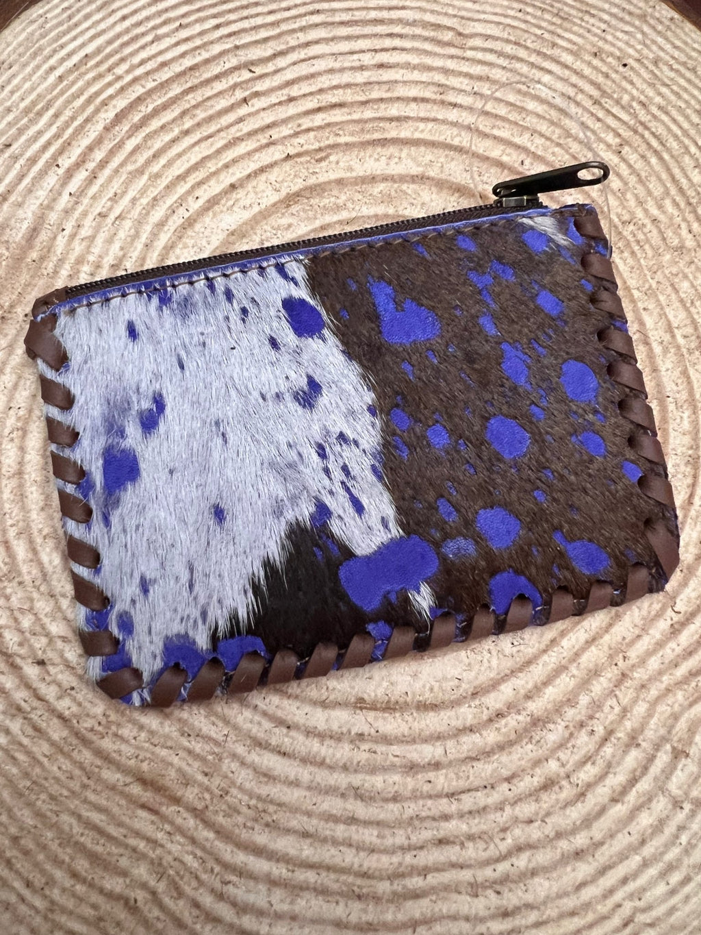 Western Hair-on-Hide Coin Purse — Dark Blue Paint Splatter Hand-Painted Cowhide - Rooted & Reckless Co.