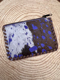 Western Hair-on-Hide Coin Purse — Dark Blue Paint Splatter Hand-Painted Cowhide - Rooted & Reckless Co.