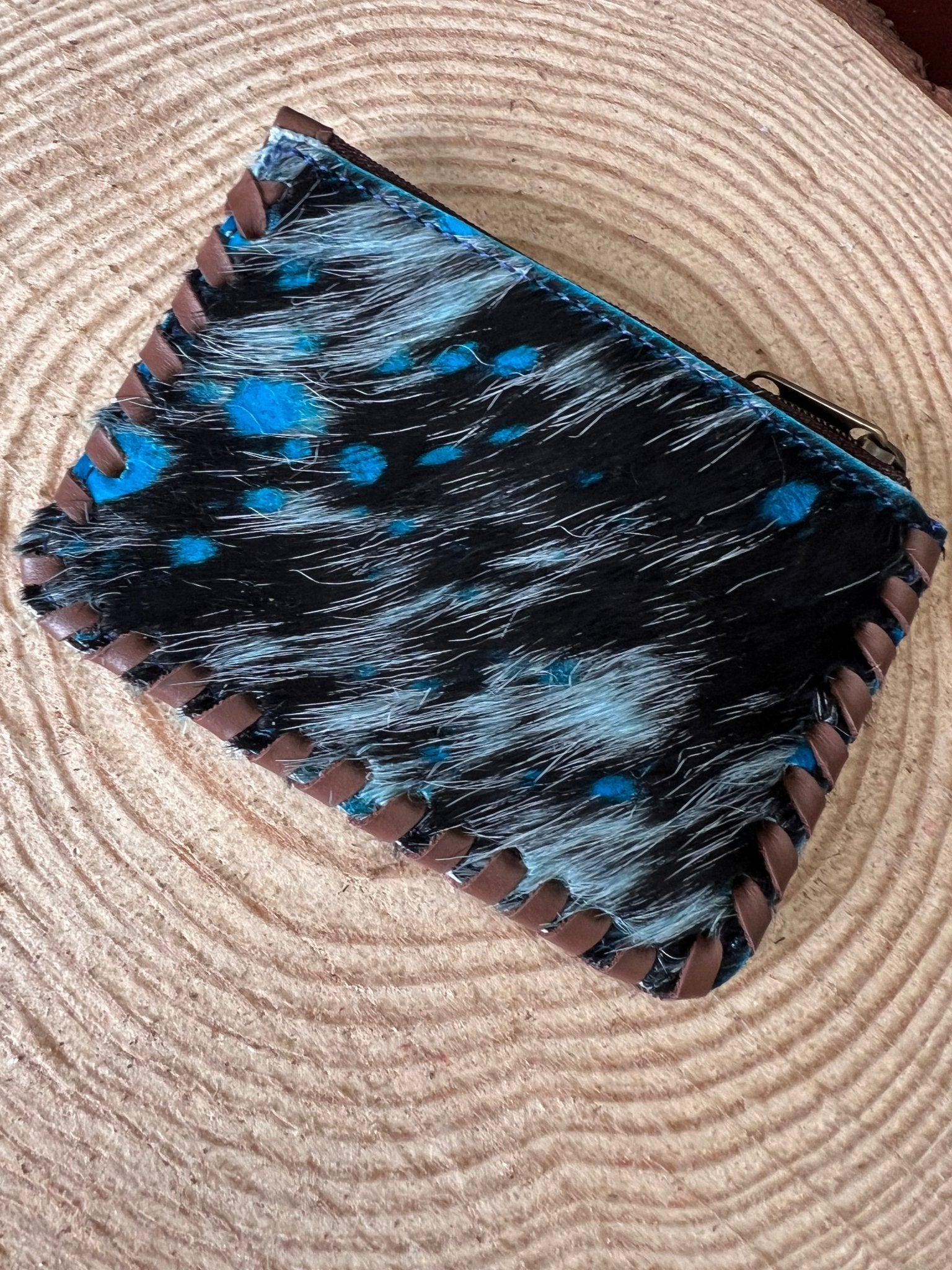 Western Hair-on-Hide Coin Purse — Teal Paint Splatter Hand-Painted Cowhide - Rooted & Reckless Co.