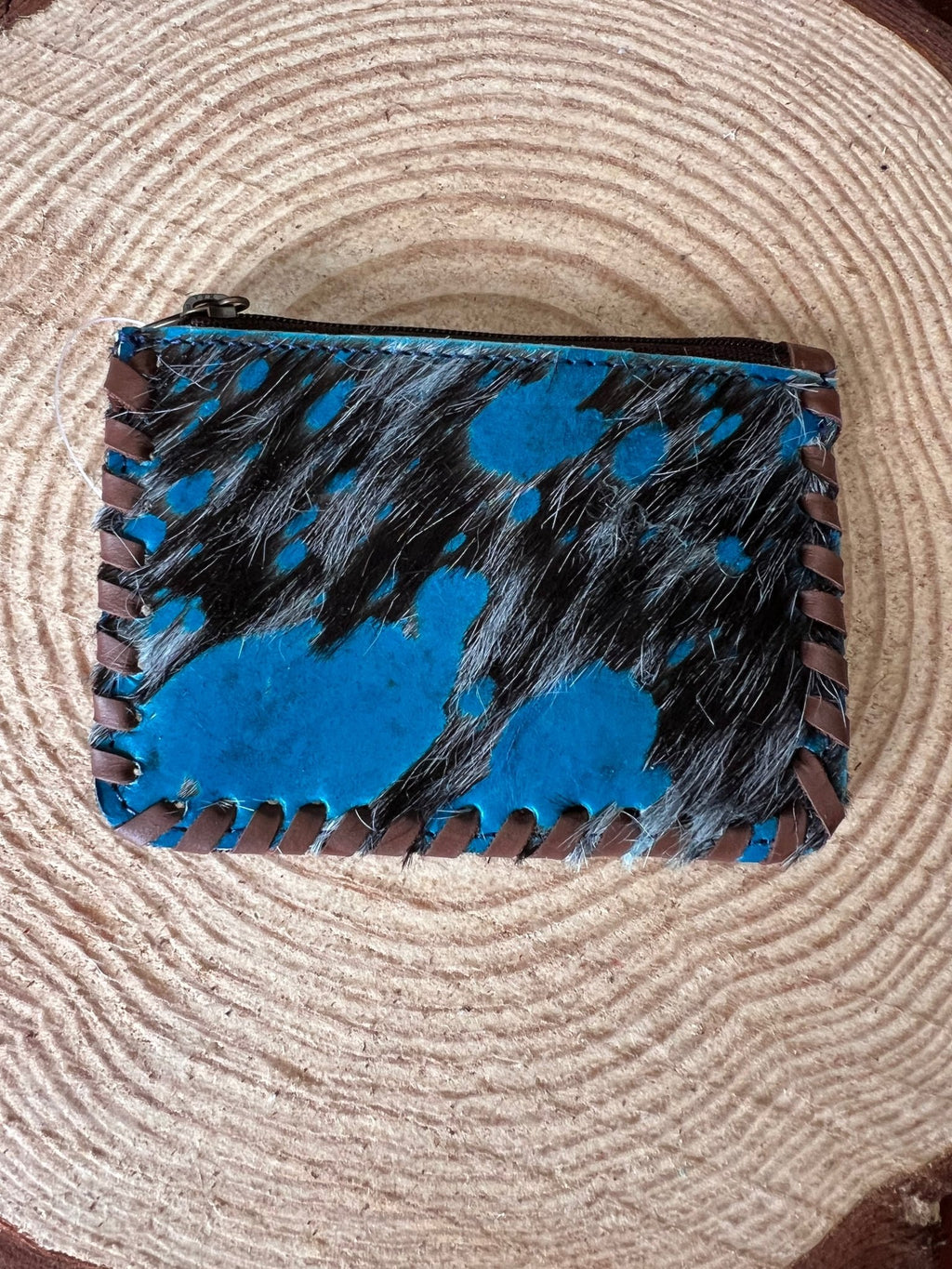 Western Hair-on-Hide Coin Purse — Teal Paint Splatter Hand-Painted Cowhide - Rooted & Reckless Co.