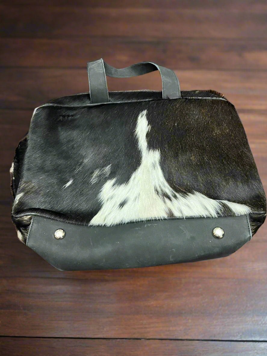Western Hair-on-Hide Crossbody Diaper Bag — Black & White Cowhide (18" with Adjustable Strap) - Rooted & Reckless Co.