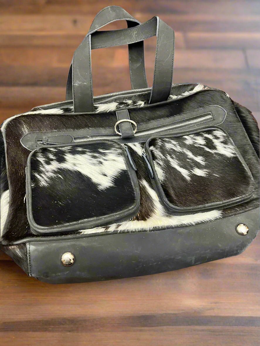 Western Hair-on-Hide Crossbody Diaper Bag — Black & White Cowhide (18" with Adjustable Strap) - Rooted & Reckless Co.
