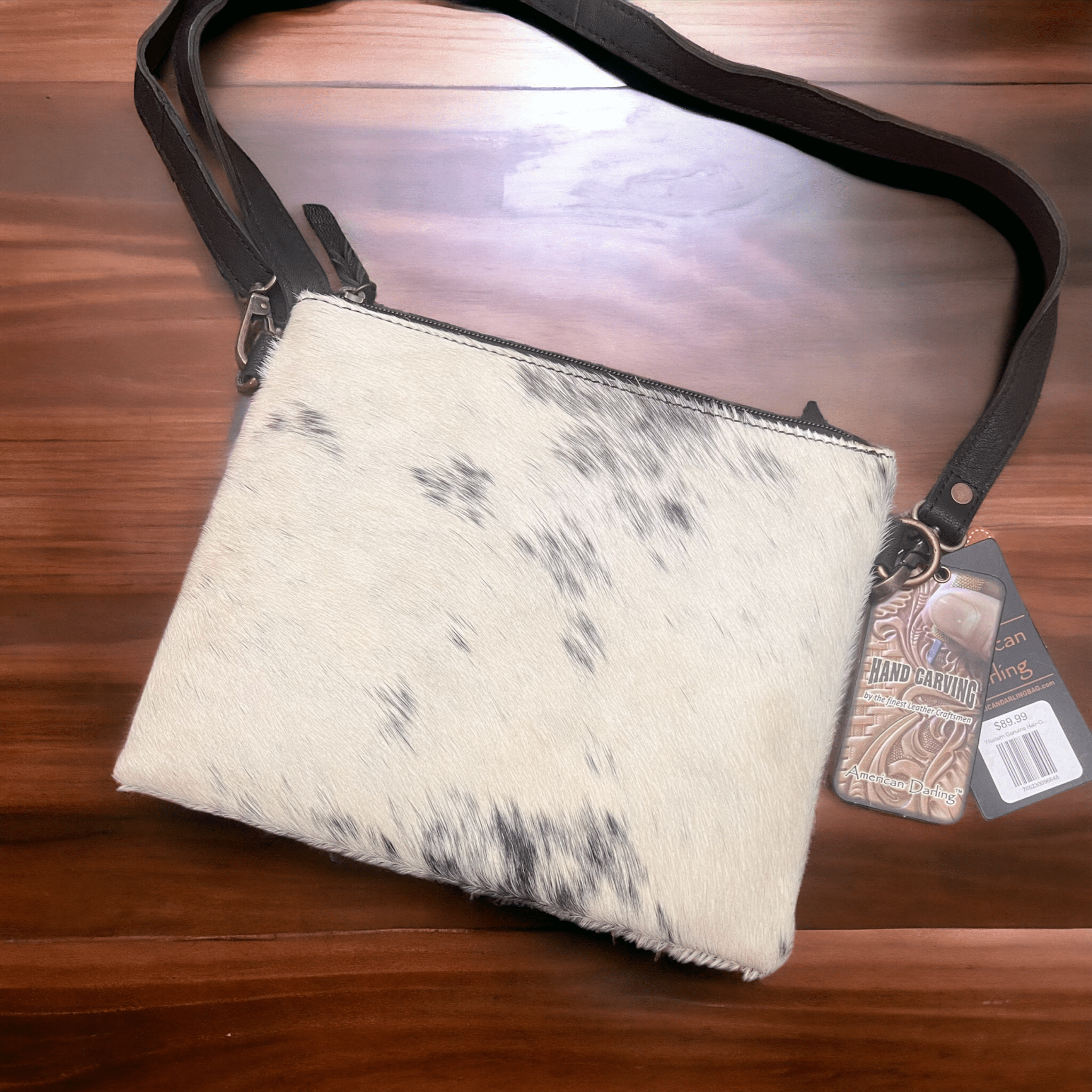 Western Hand-Tooled Genuine Hair-On Leather Crossbody Handbag — Full Grain Cowhide with YKK Zipper - Rooted & Reckless Co.