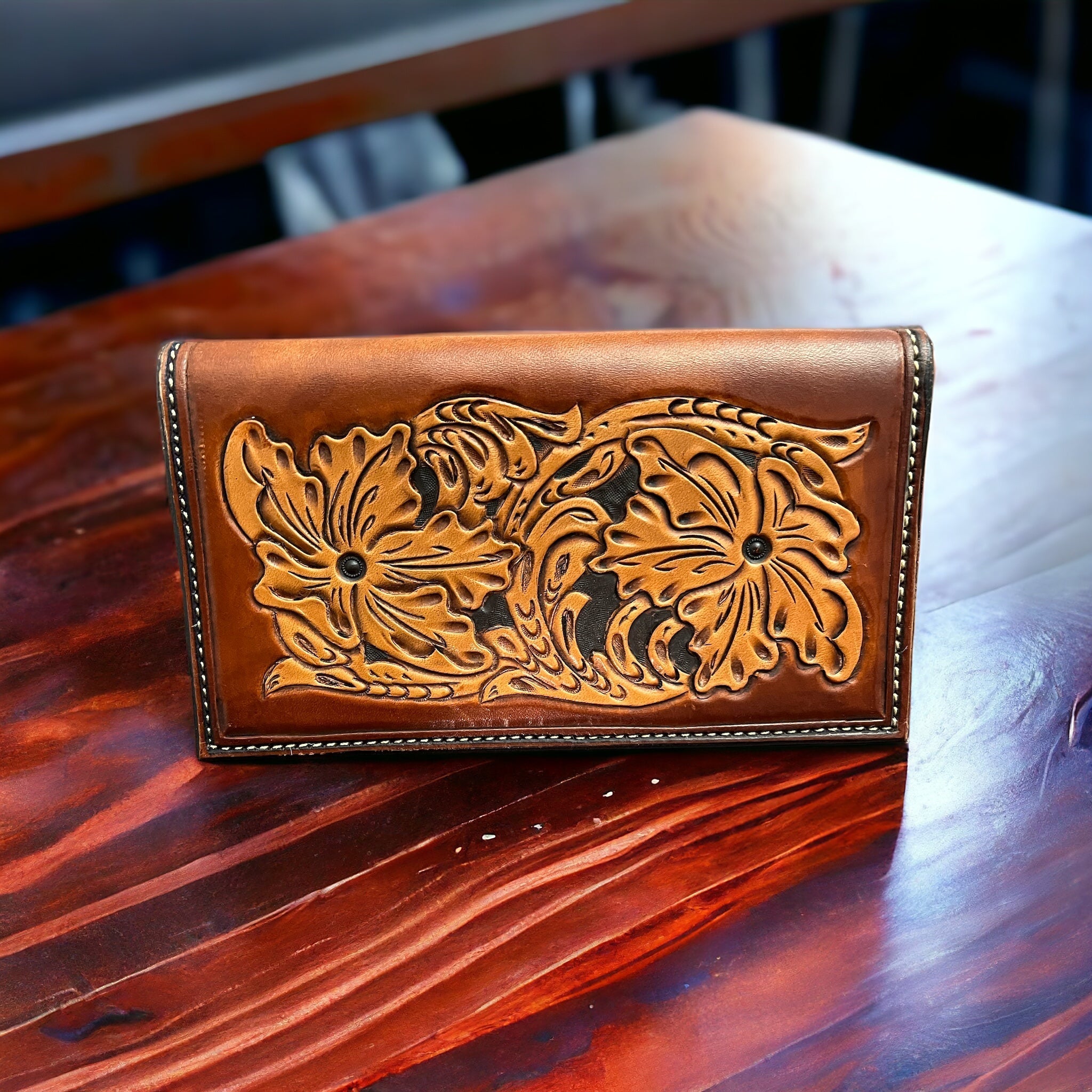 Western Hand-Tooled Genuine Leather Check Book Cover — JK Custom Leather Western Statement - Rooted & Reckless Co.