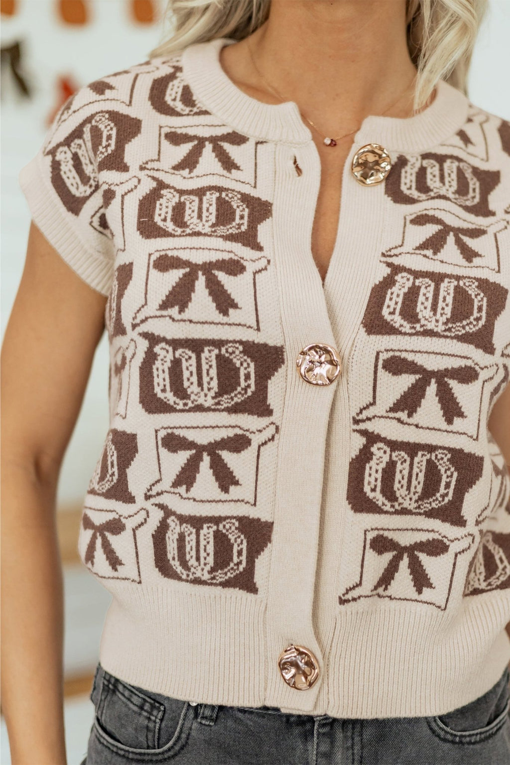 Western Horseshoe Bow Pattern Button Front Sleeveless Knit Top - Rooted & Reckless Co.