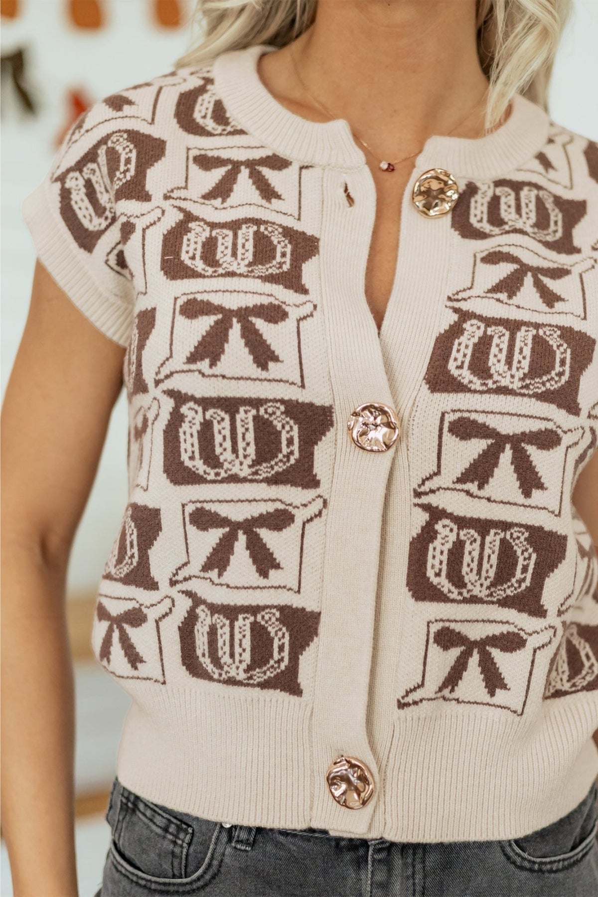 Western Horseshoe Bow Pattern Button Front Sleeveless Knit Top - Rooted & Reckless Co.