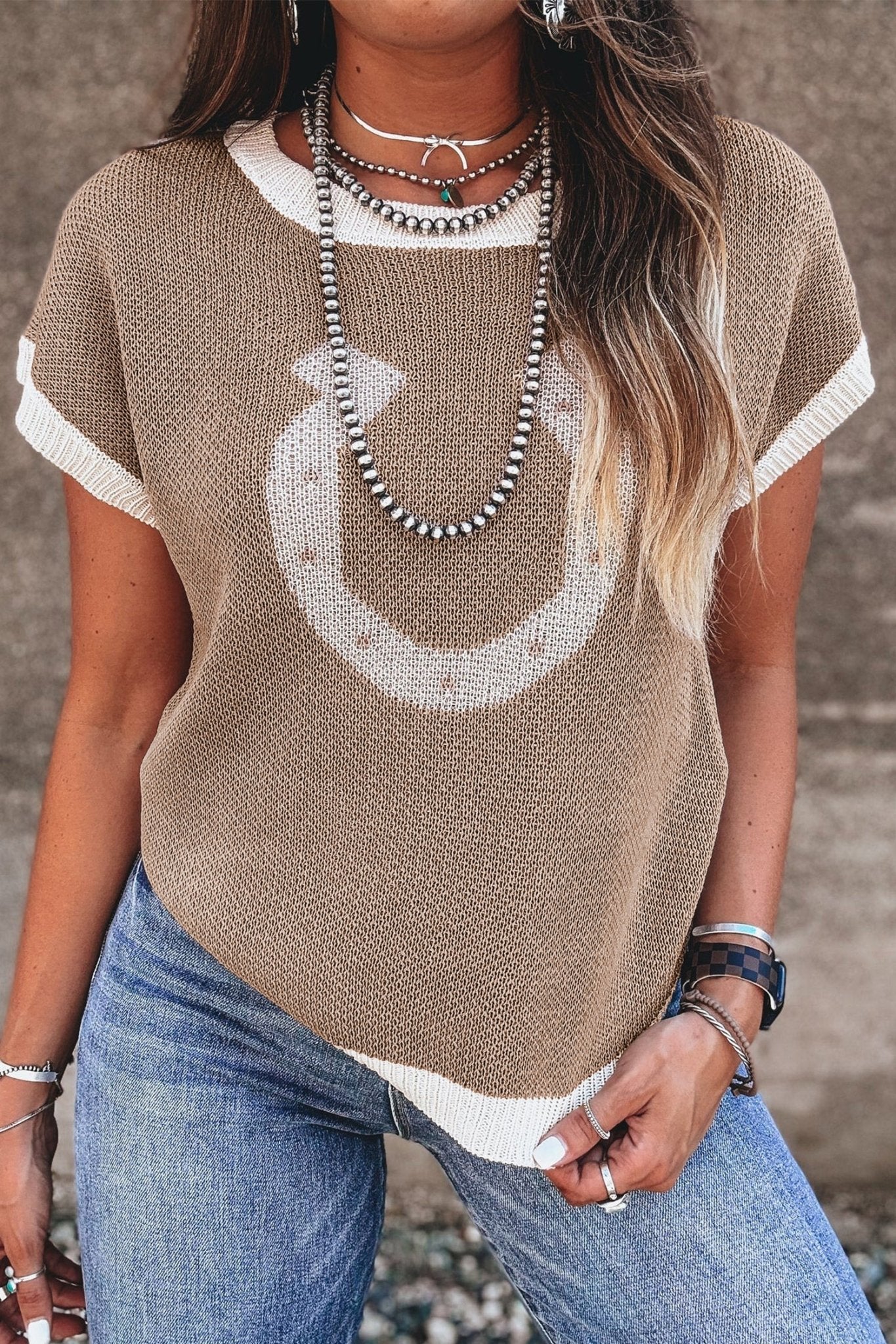Western Horseshoe Contrast Trim Short Sleeve Sweater - Rooted & Reckless Co.