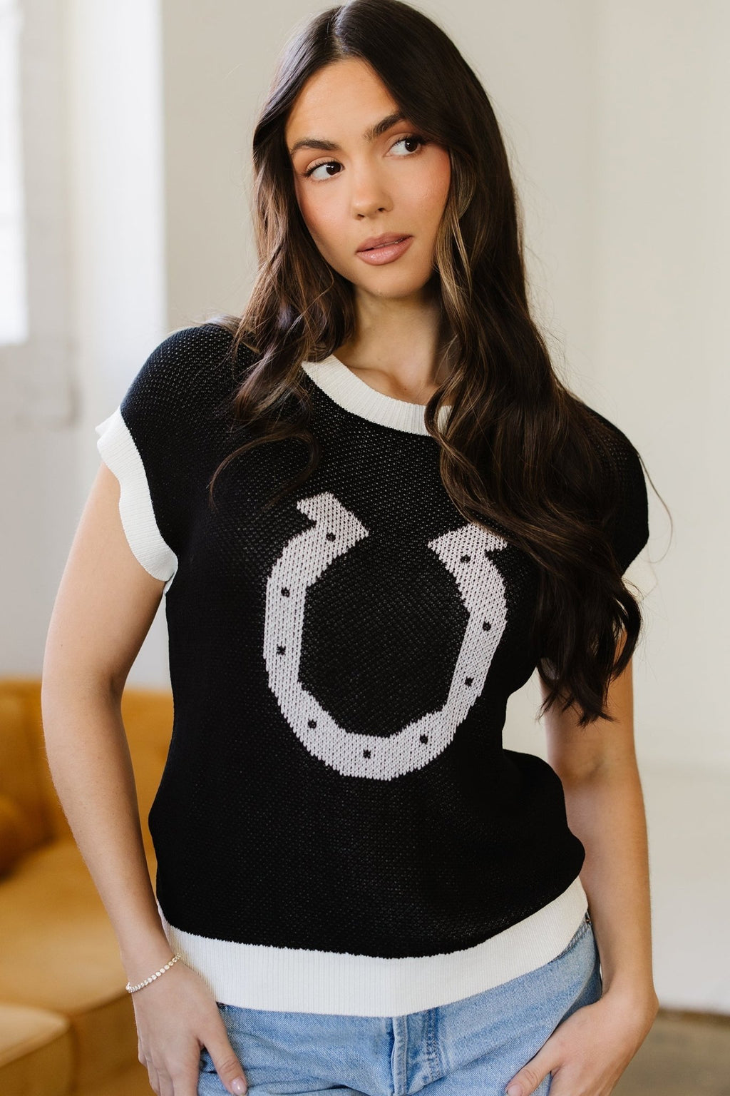 Western Horseshoe Contrast Trim Short Sleeve Sweater - Rooted & Reckless Co.