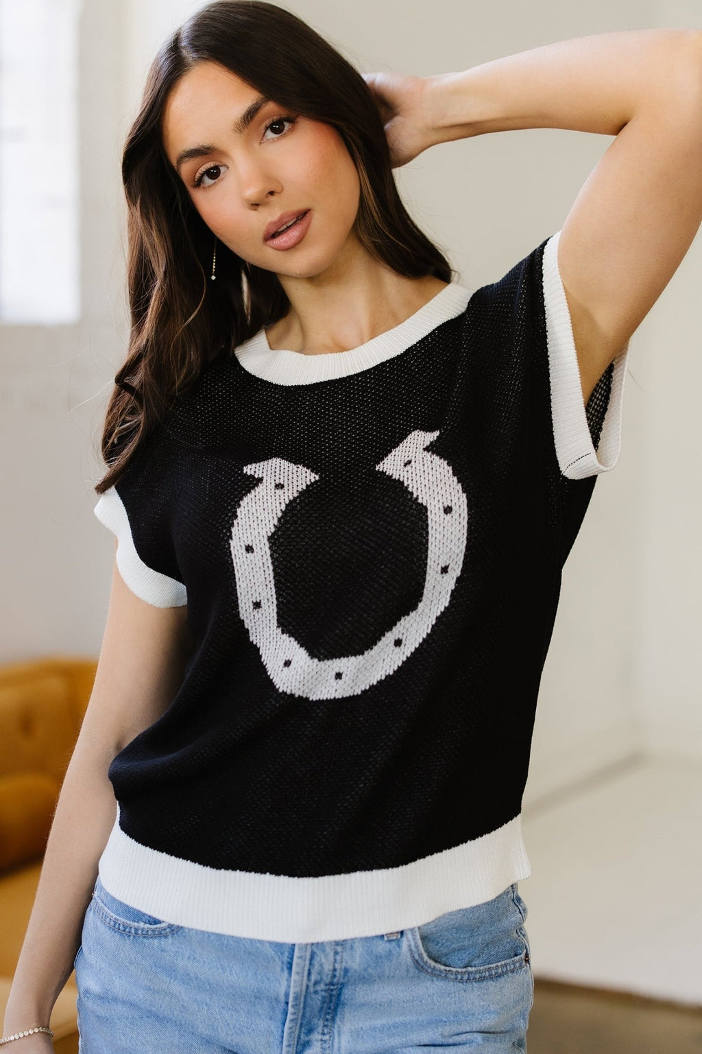 Western Horseshoe Contrast Trim Short Sleeve Sweater - Rooted & Reckless Co.