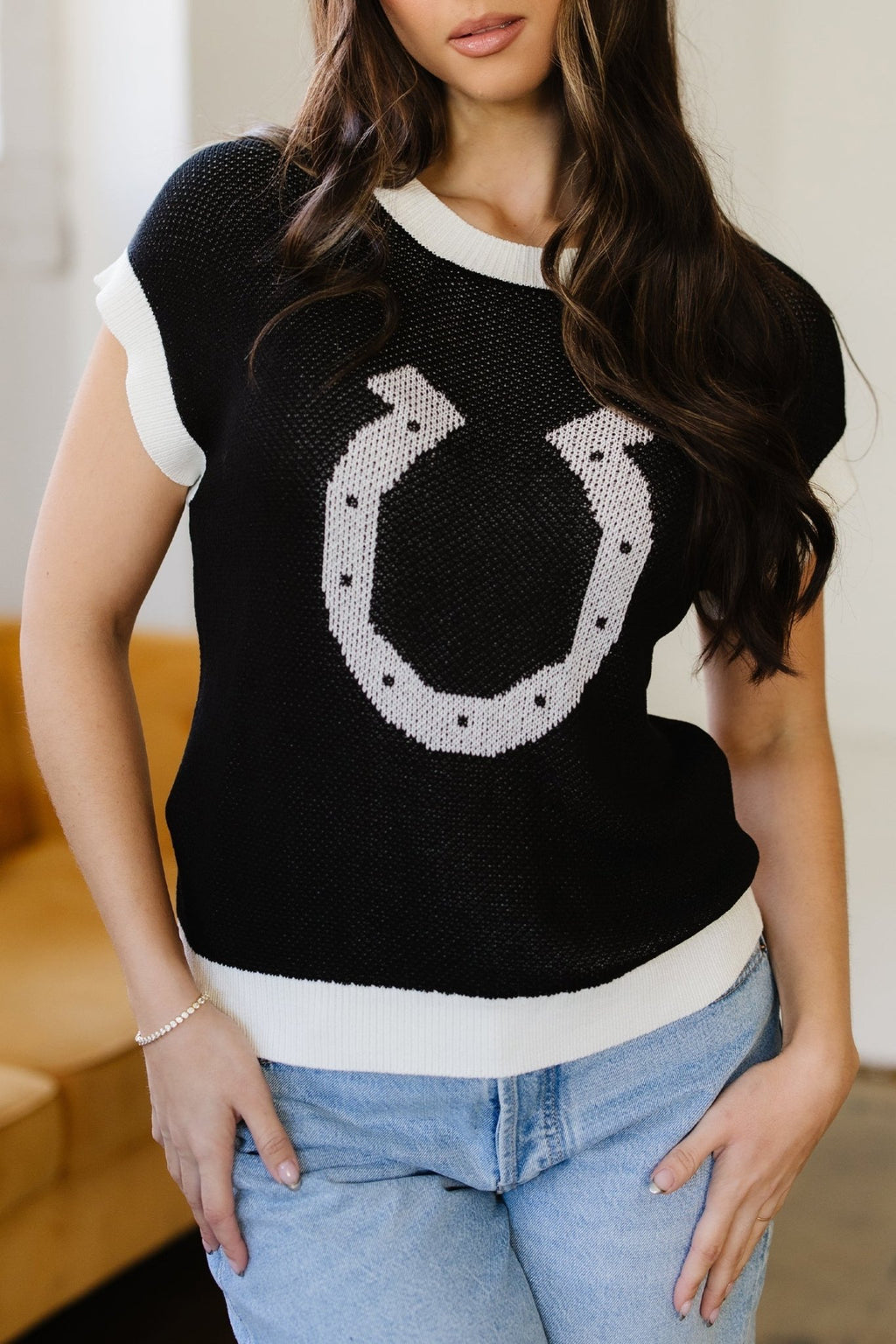 Western Horseshoe Contrast Trim Short Sleeve Sweater - Rooted & Reckless Co.