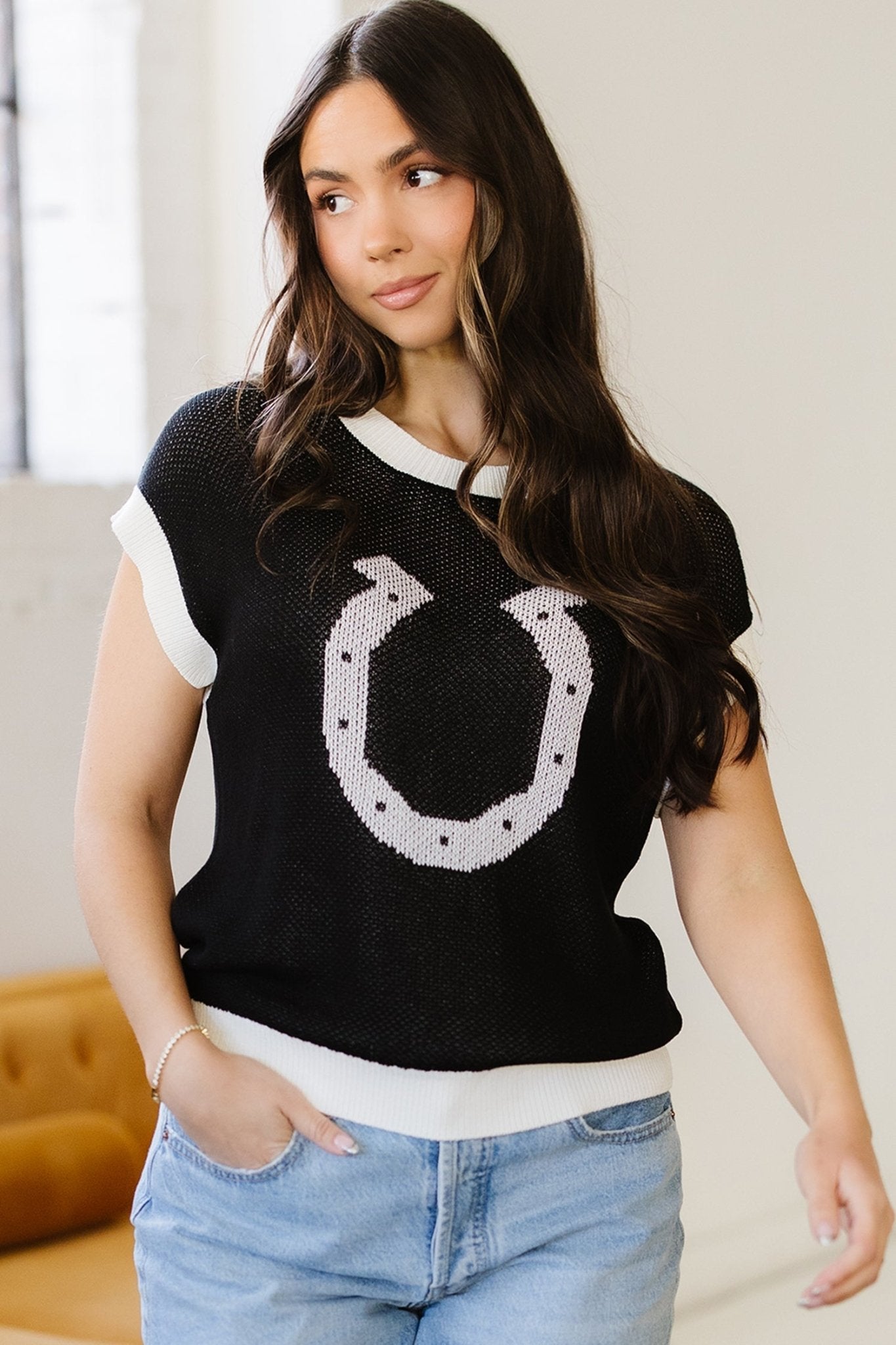 Western Horseshoe Contrast Trim Short Sleeve Sweater - Rooted & Reckless Co.