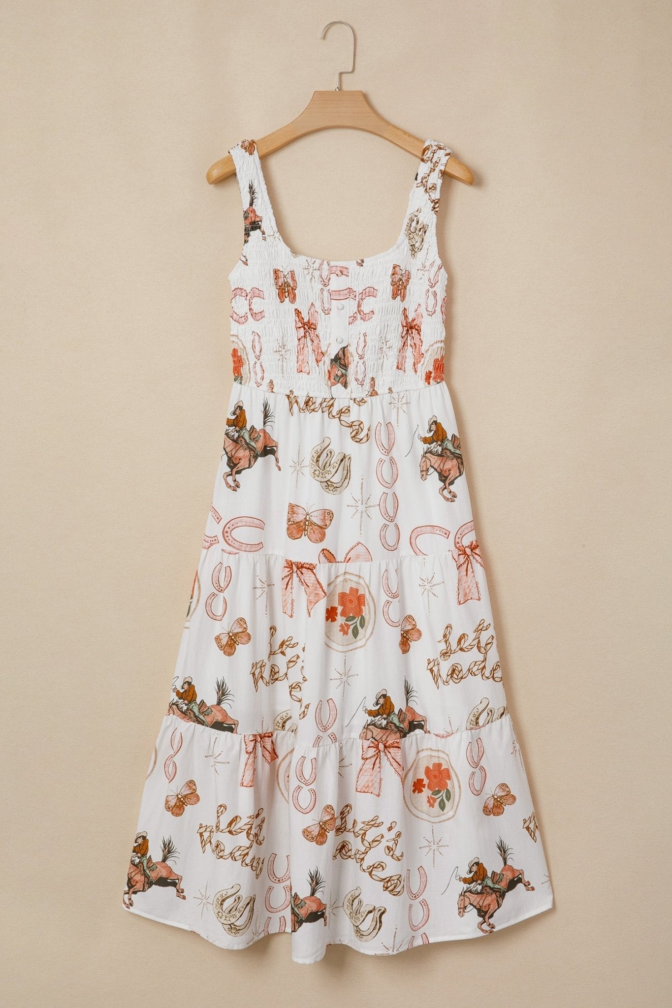Western Horseshoe Smocked Sleeveless Midi Dress - Rooted & Reckless Co.