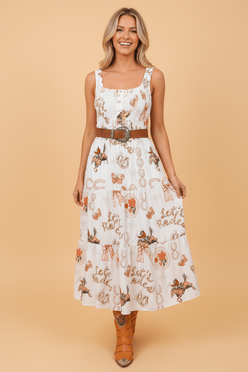 Western Horseshoe Smocked Sleeveless Midi Dress - Rooted & Reckless Co.