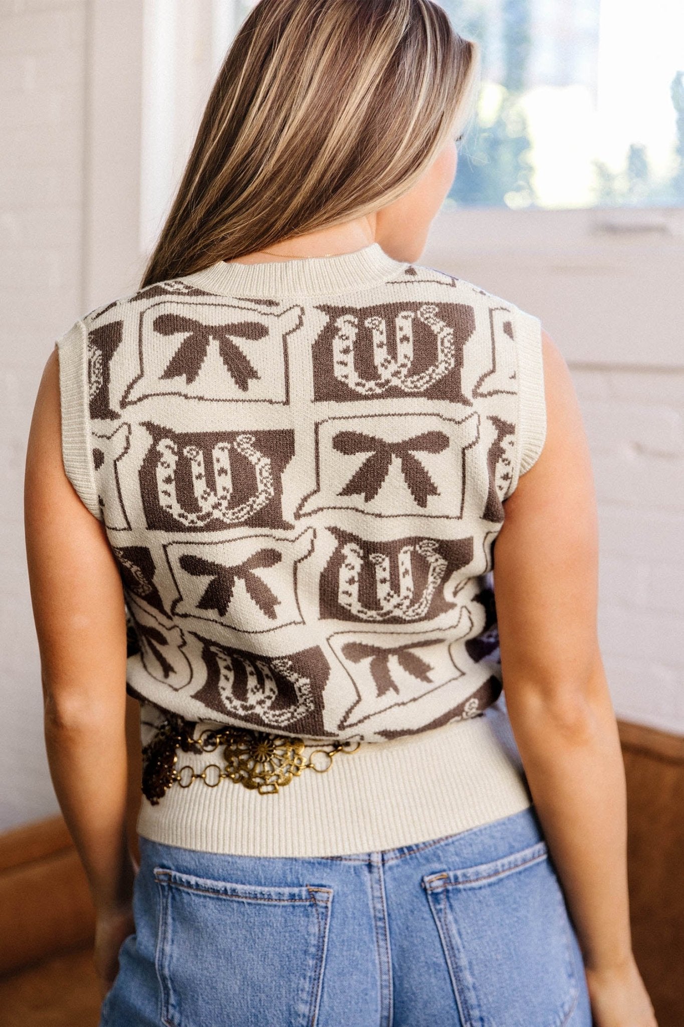 Western Horseshoes & Bows Sleeveless V-Neck Sweater Top - Rooted & Reckless Co.