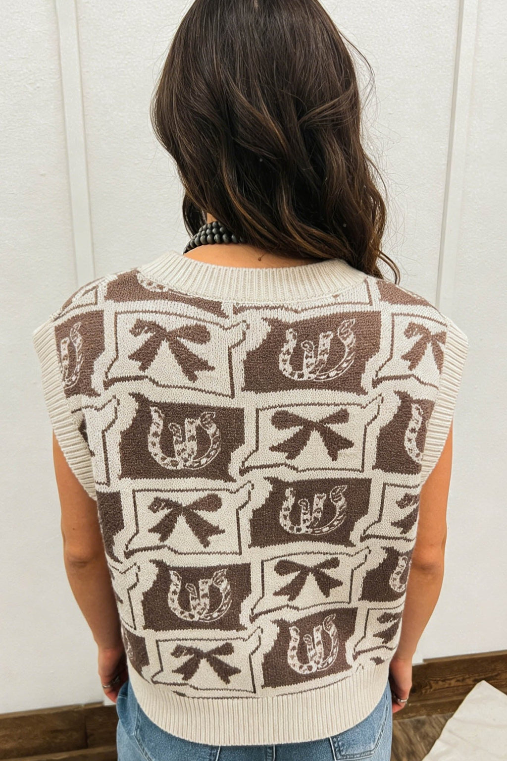 Western Horseshoes & Bows Sleeveless V-Neck Sweater Top - Rooted & Reckless Co.