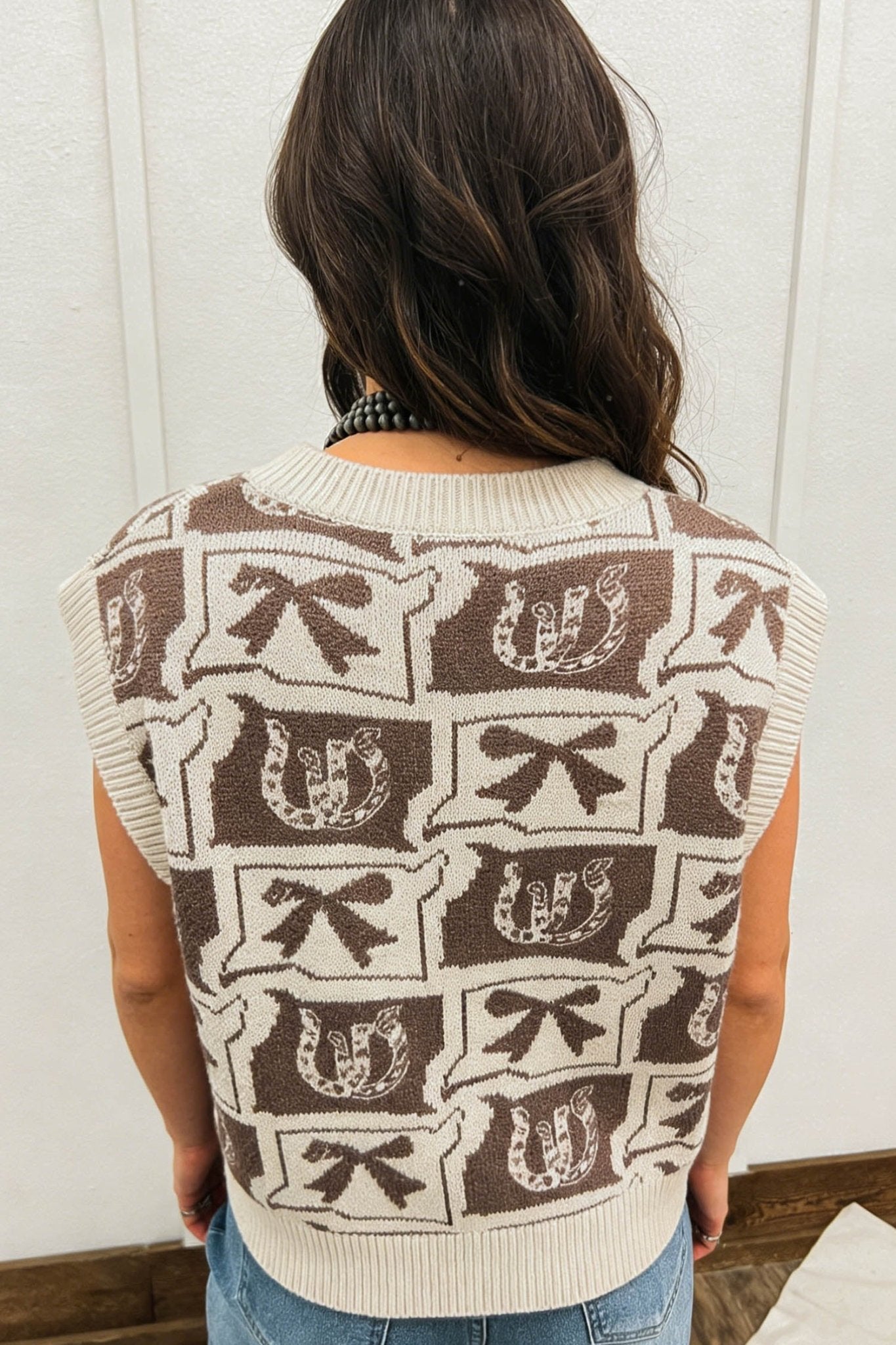 Western Horseshoes & Bows Sleeveless V-Neck Sweater Top - Rooted & Reckless Co.