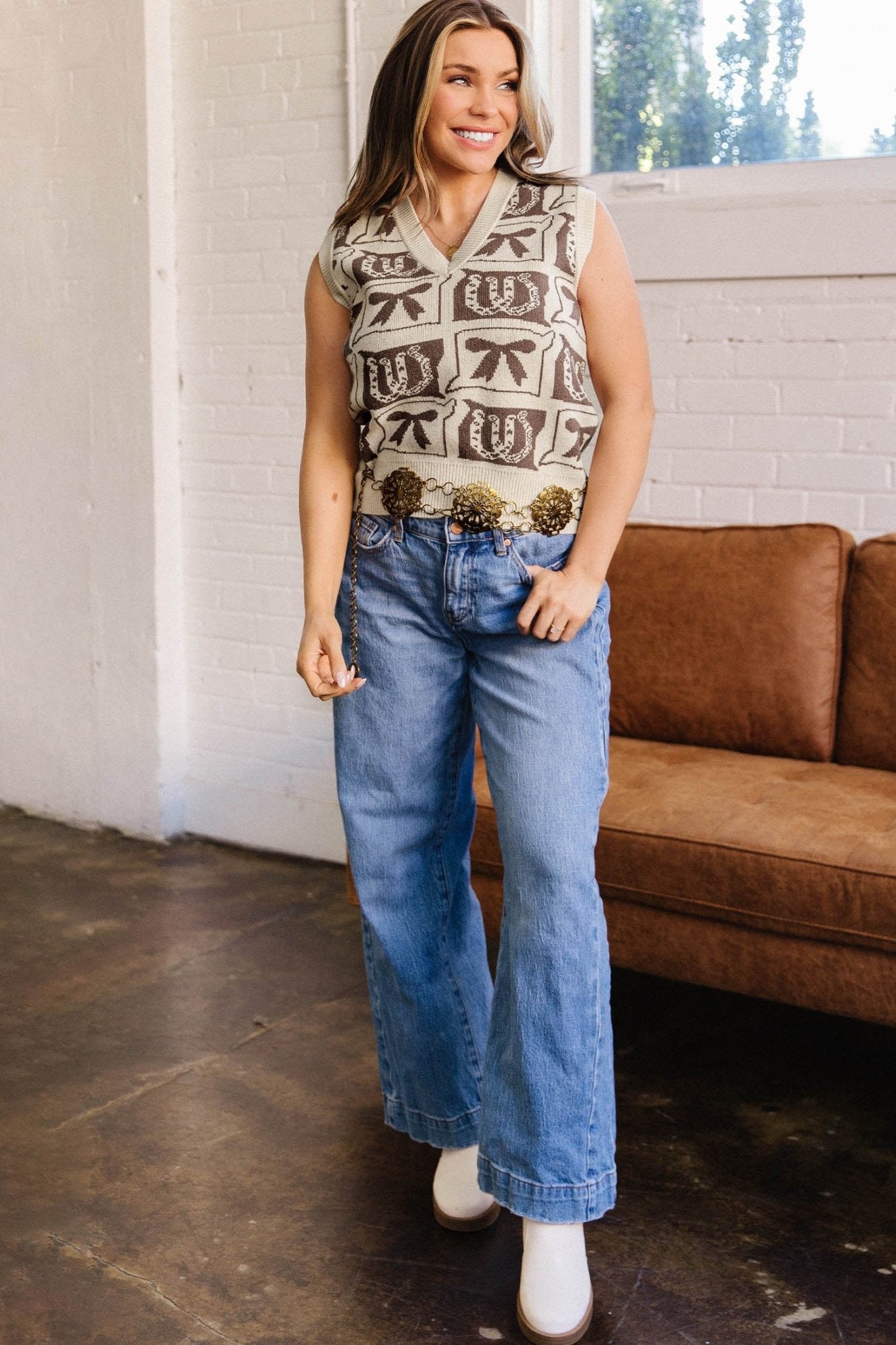 Western Horseshoes & Bows Sleeveless V-Neck Sweater Top - Rooted & Reckless Co.