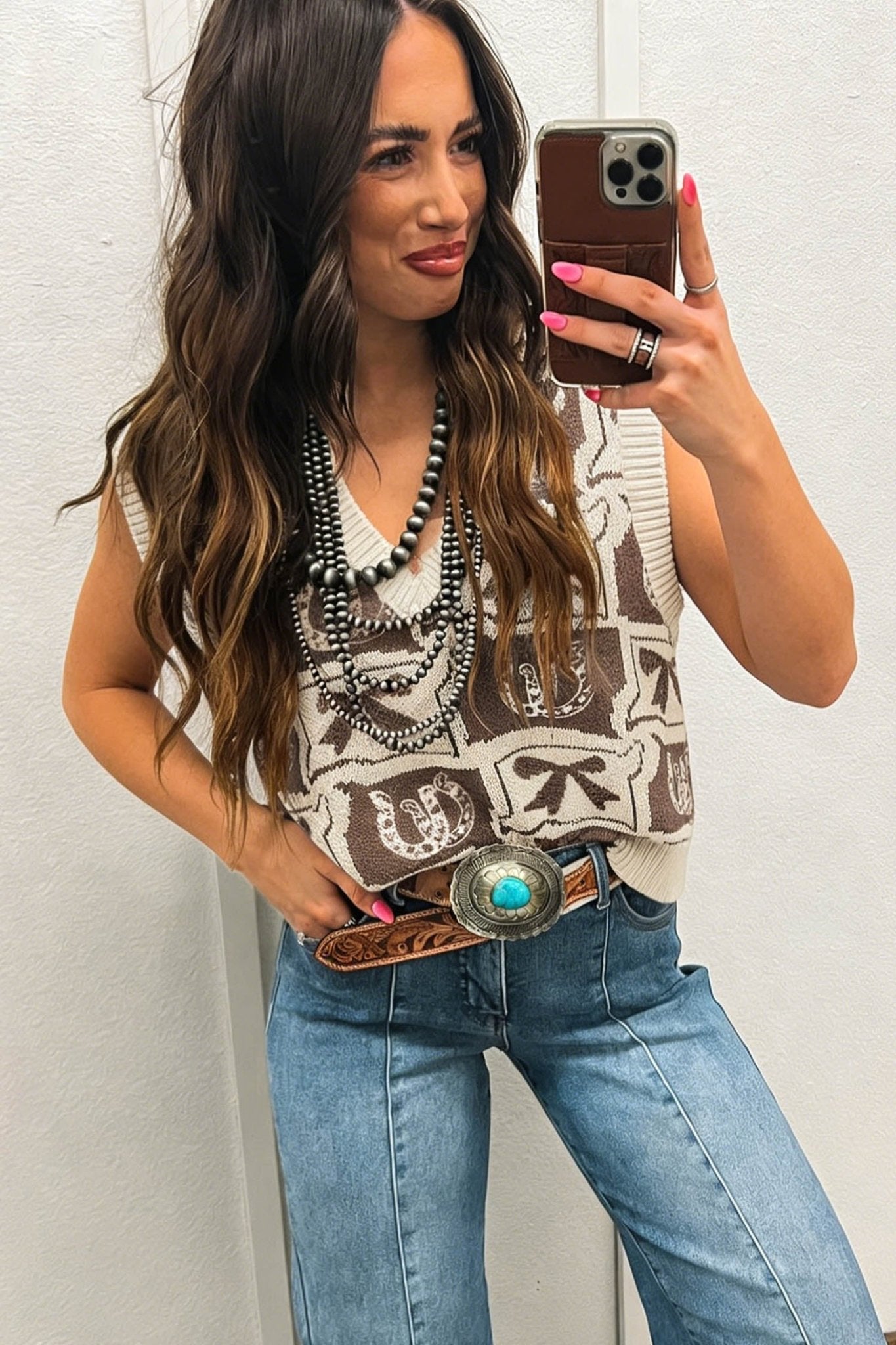 Western Horseshoes & Bows Sleeveless V-Neck Sweater Top - Rooted & Reckless Co.