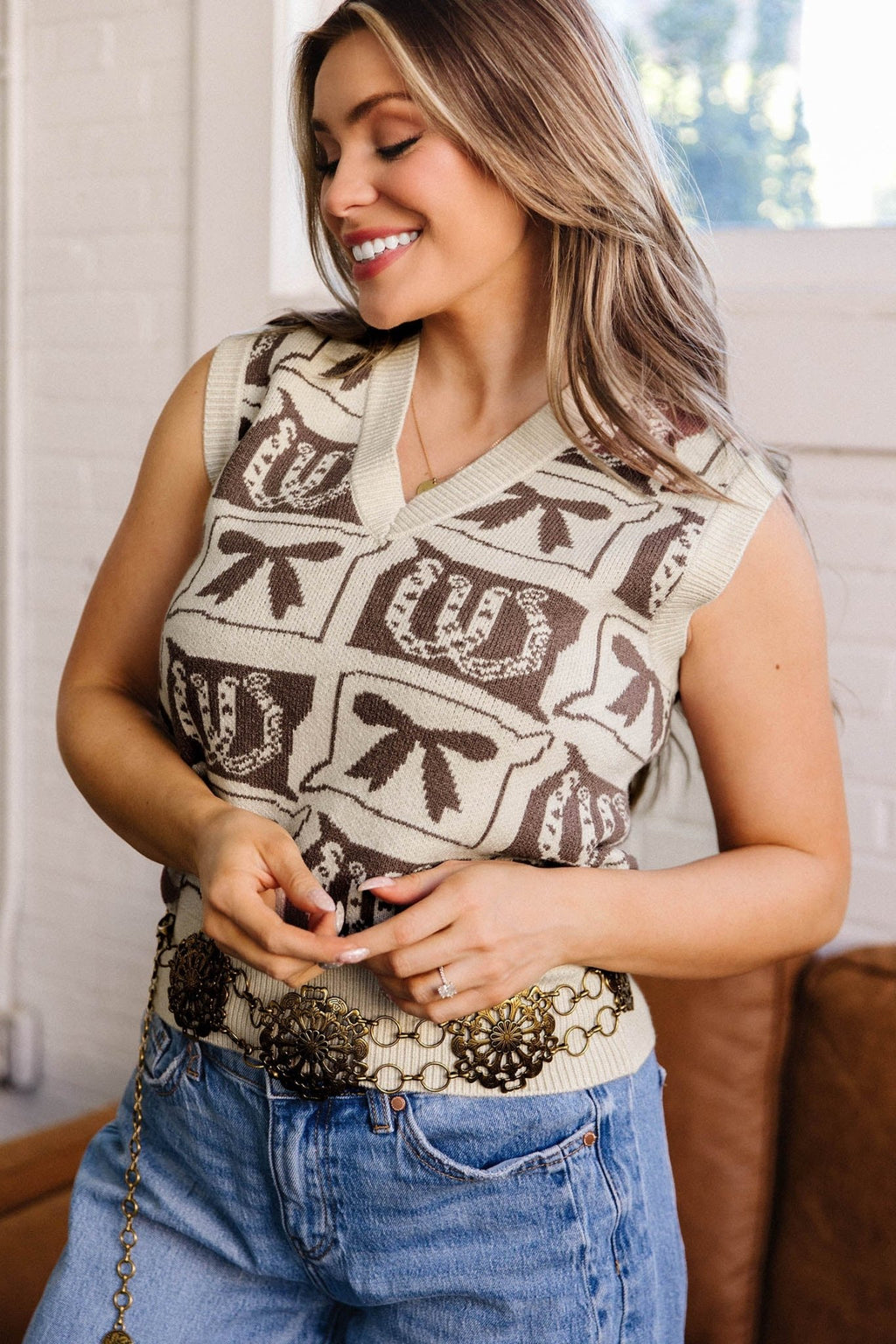 Western Horseshoes & Bows Sleeveless V-Neck Sweater Top - Rooted & Reckless Co.