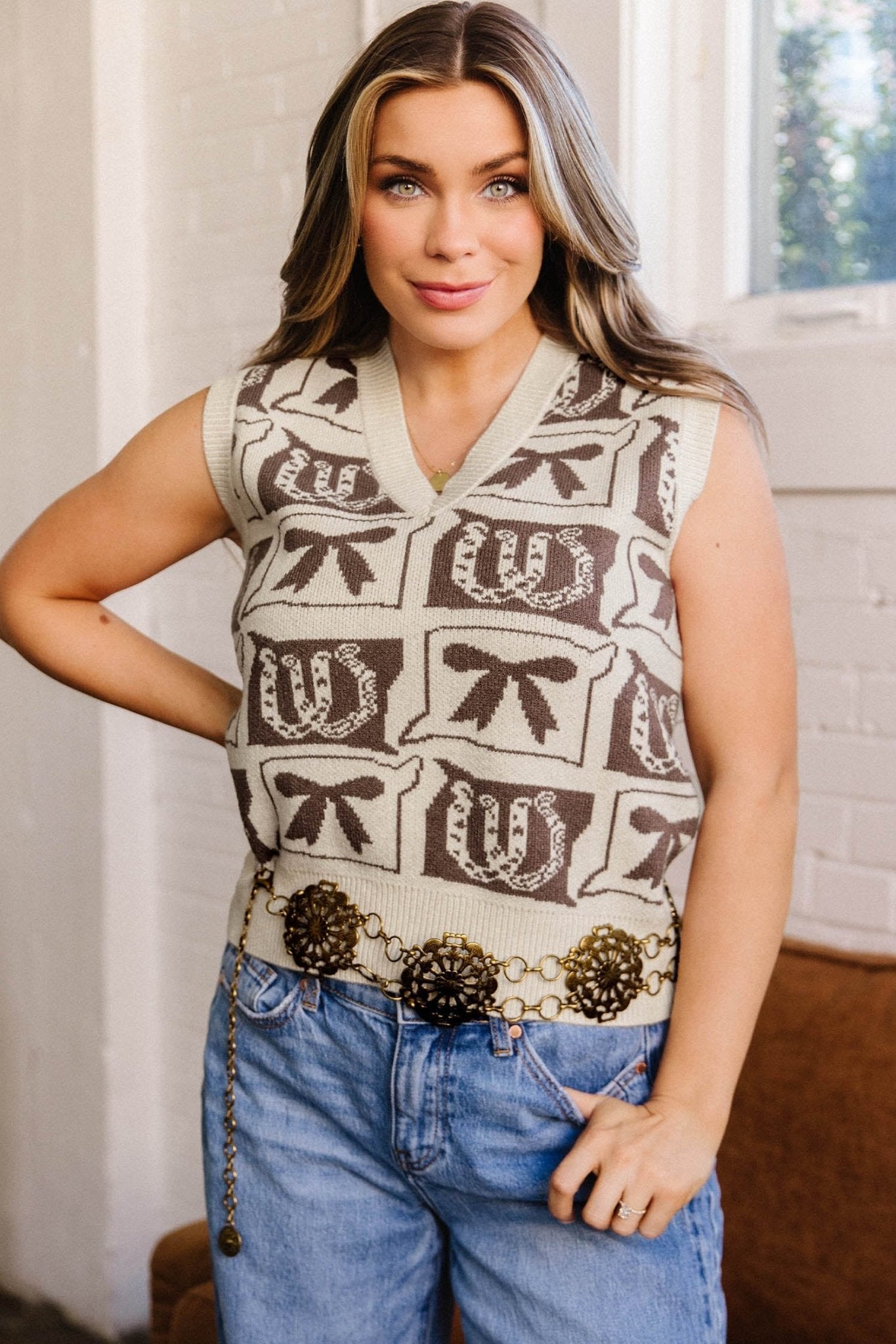 Western Horseshoes & Bows Sleeveless V-Neck Sweater Top - Rooted & Reckless Co.
