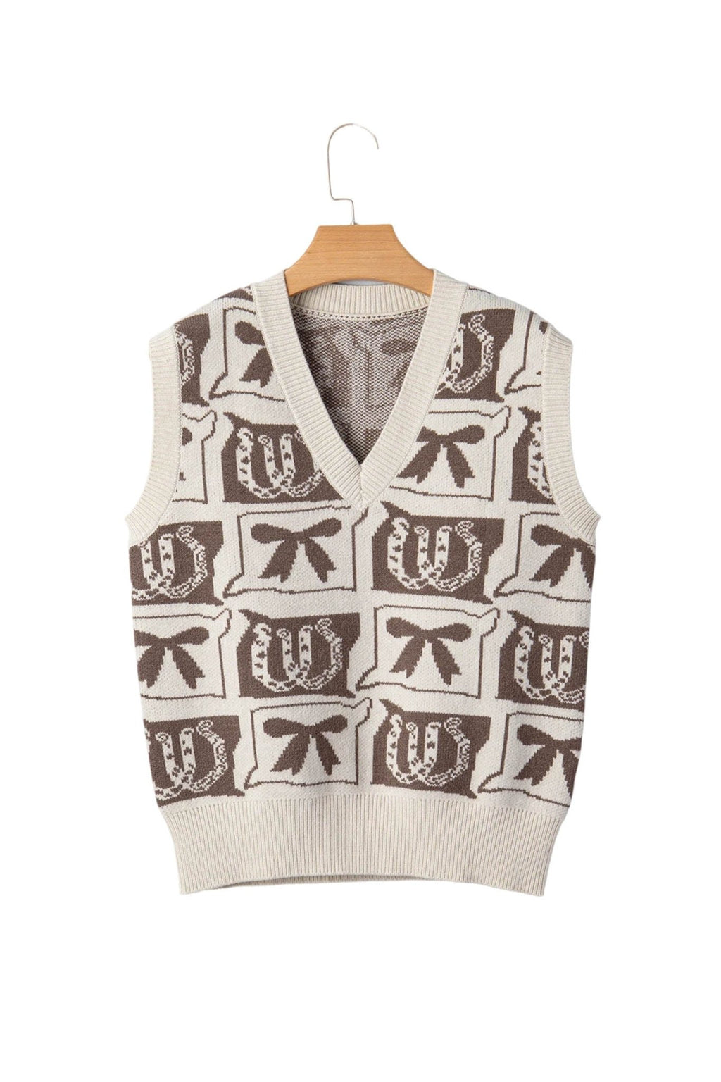Western Horseshoes & Bows Sleeveless V-Neck Sweater Top - Rooted & Reckless Co.
