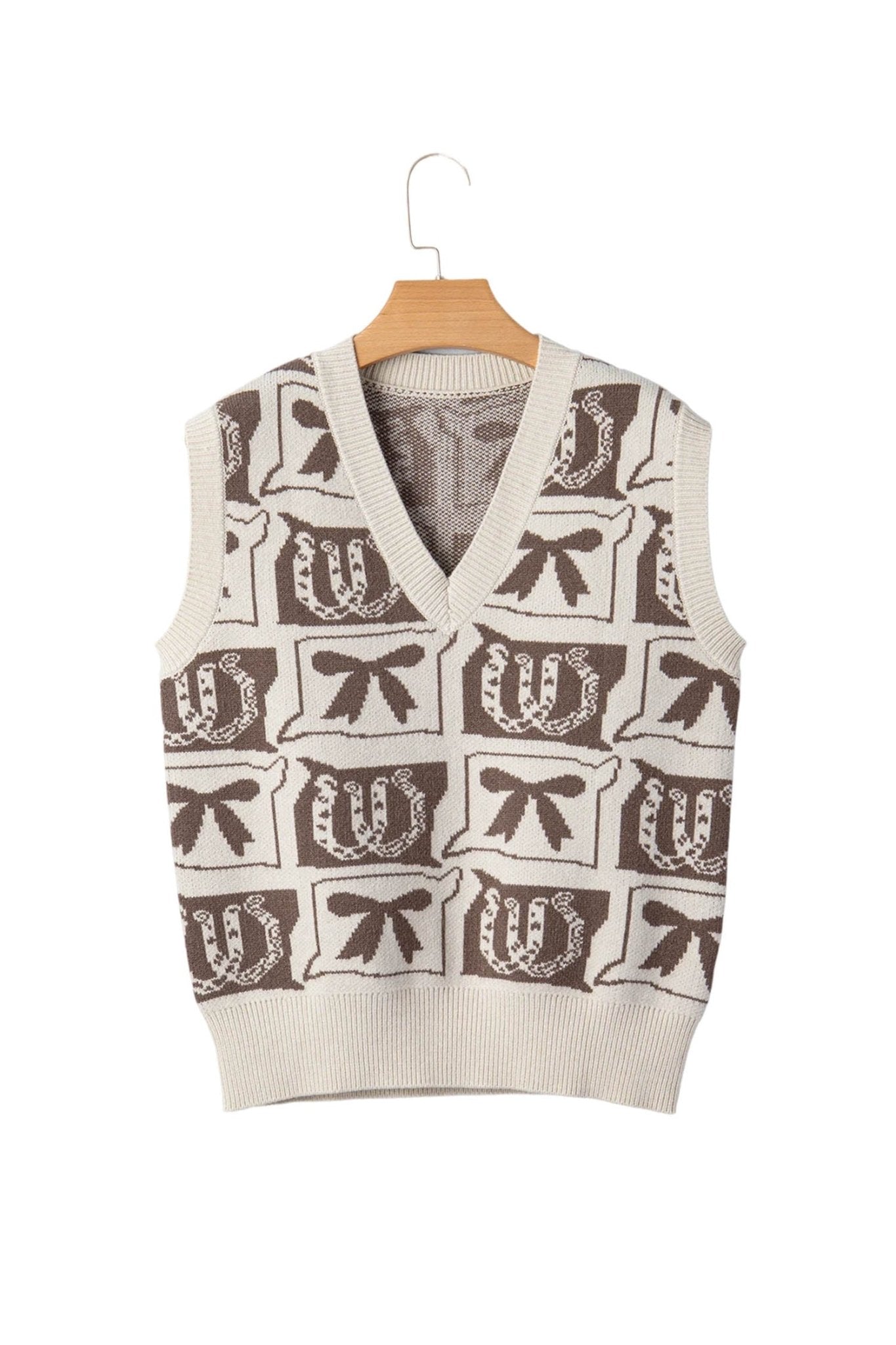 Western Horseshoes & Bows Sleeveless V-Neck Sweater Top - Rooted & Reckless Co.