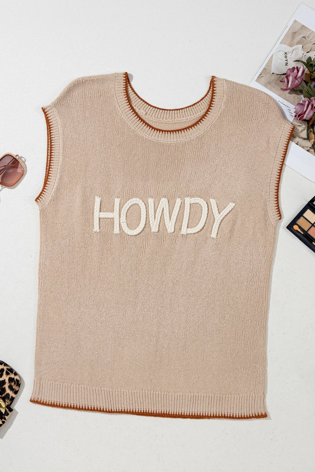 Western HOWDY Contrast Trim Sleeveless Sweater - Rooted & Reckless Co.