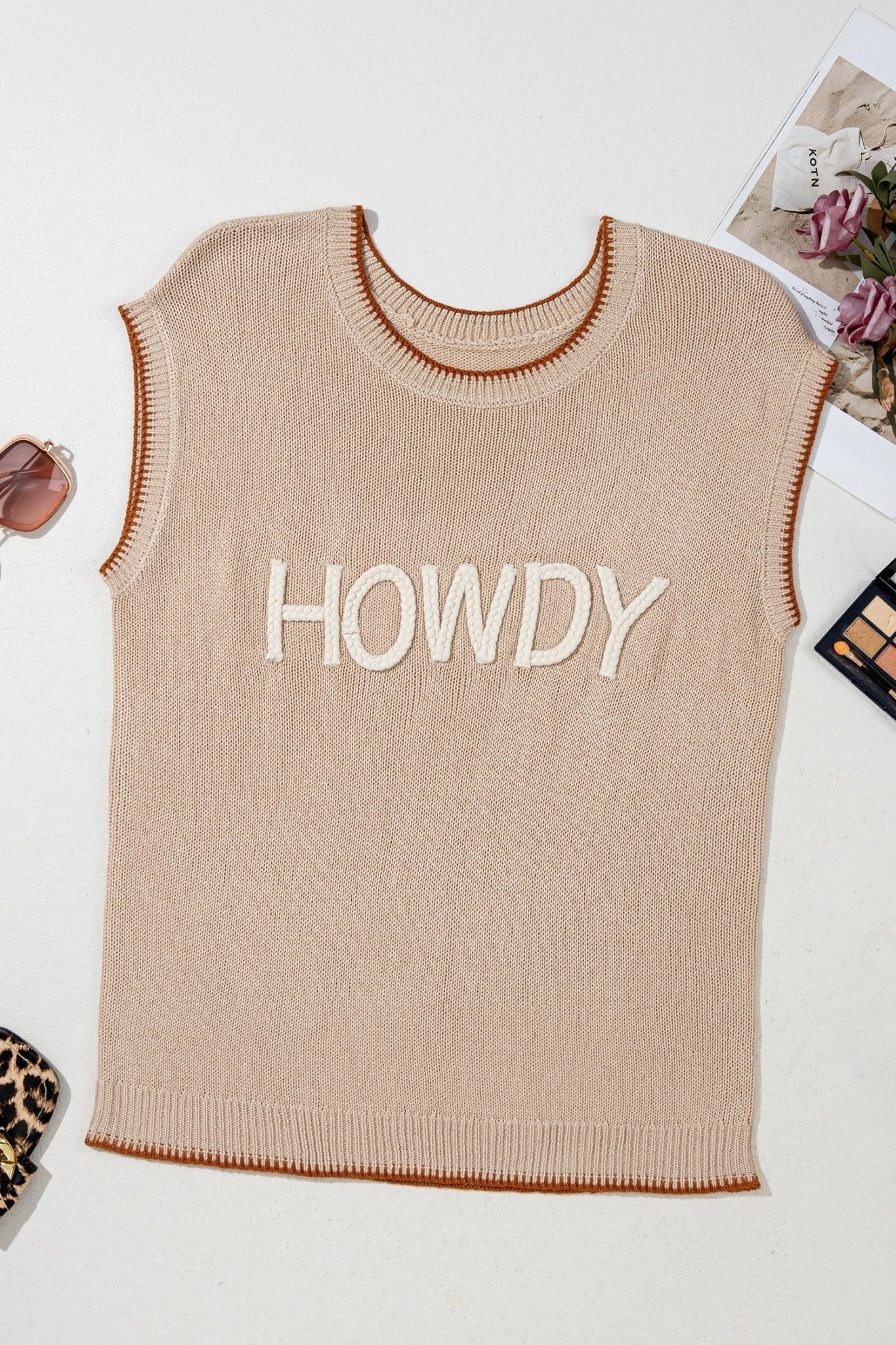 Western HOWDY Contrast Trim Sleeveless Sweater - Rooted & Reckless Co.