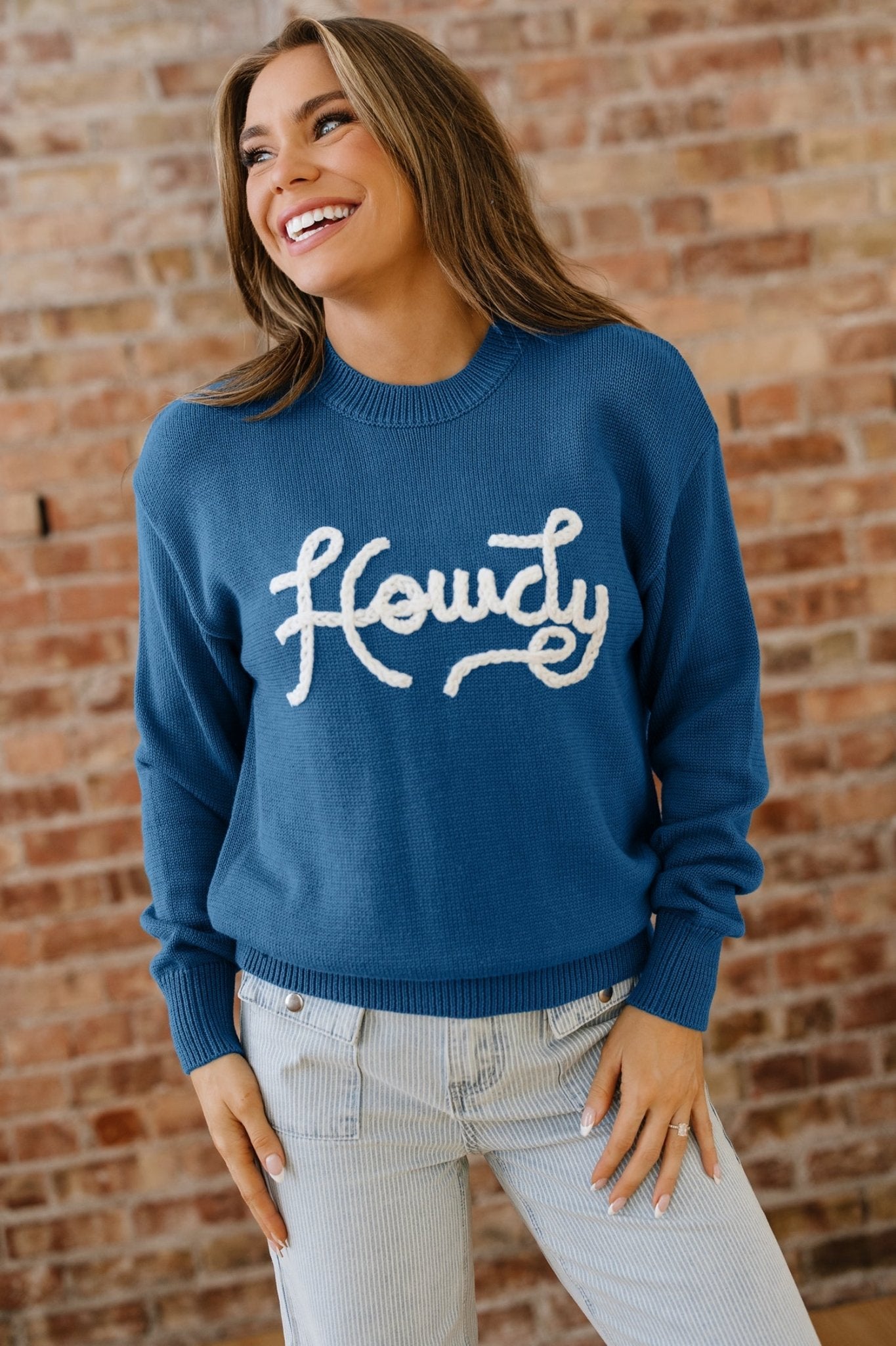 Western Howdy Embroidered Crewneck Sweater - Rooted & Reckless Co.
