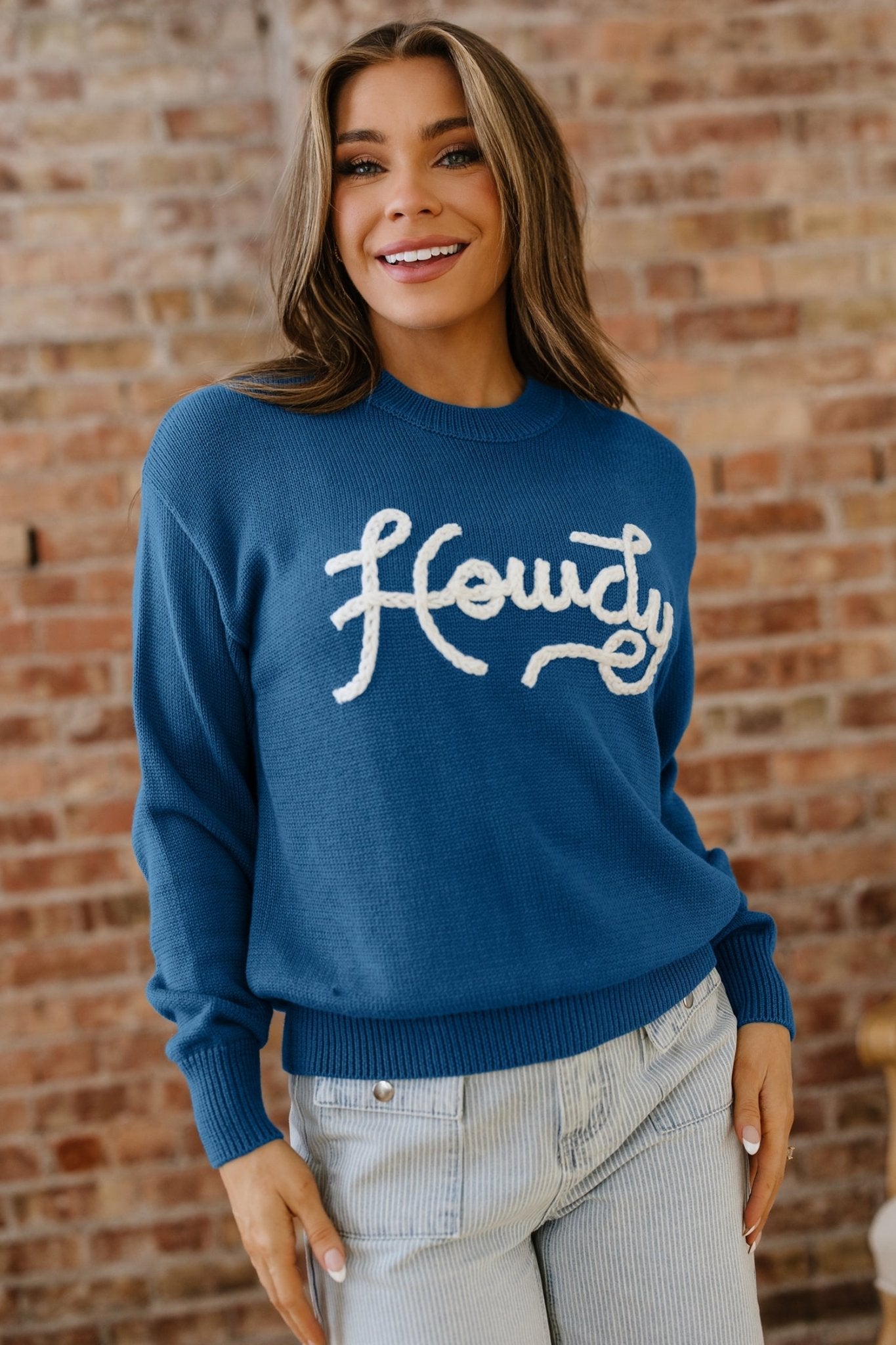 Western Howdy Embroidered Crewneck Sweater - Rooted & Reckless Co.