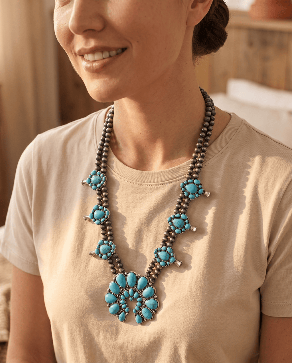 Western Huge Double-Strand Faux Turquoise Squash Blossom Statement Necklace — 32 Inch - Rooted & Reckless Co.