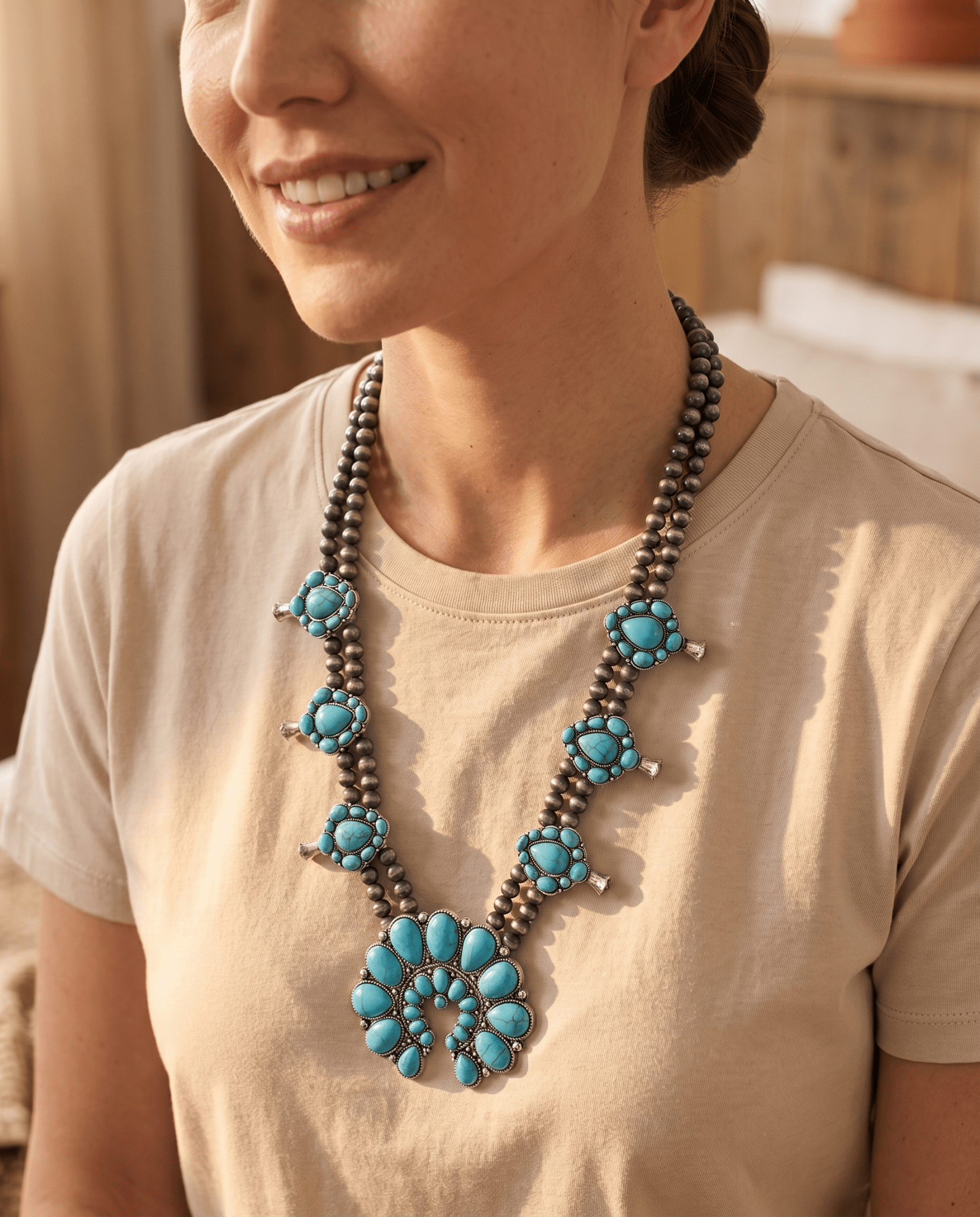 Western Huge Double-Strand Faux Turquoise Squash Blossom Statement Necklace — 32 Inch - Rooted & Reckless Co.