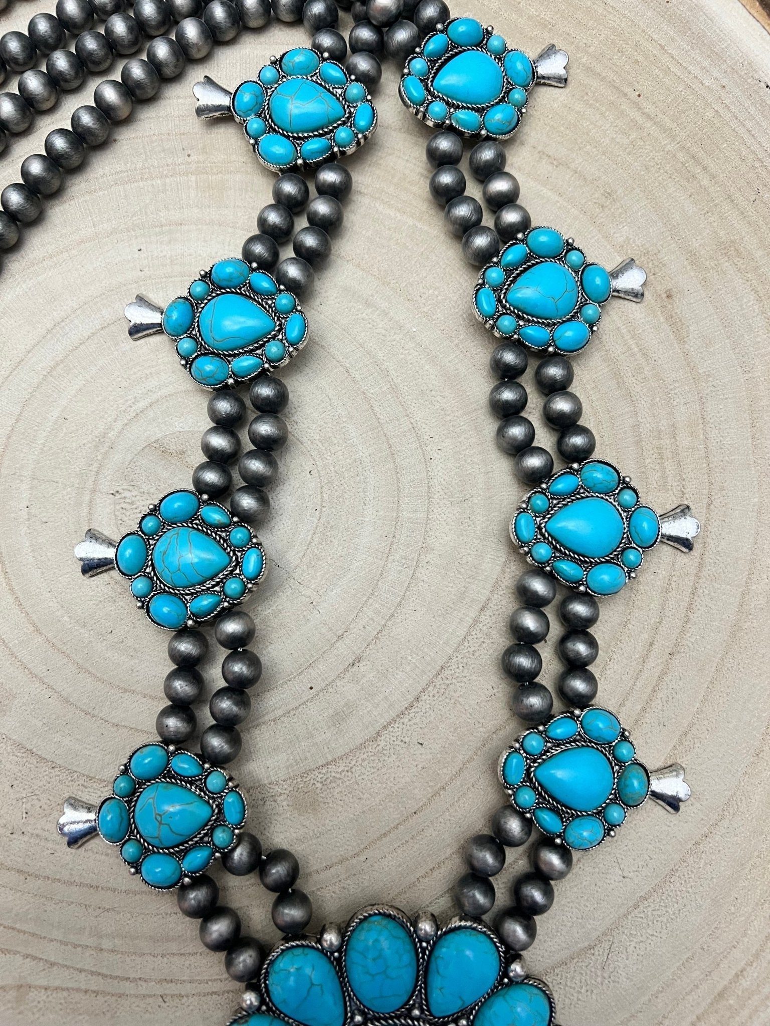 Western Huge Double-Strand Faux Turquoise Squash Blossom Statement Necklace — 32 Inch - Rooted & Reckless Co.