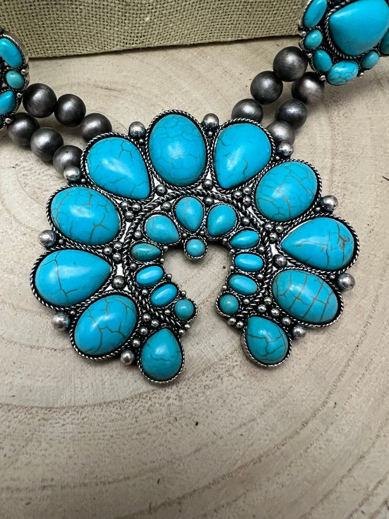 Western Huge Double-Strand Faux Turquoise Squash Blossom Statement Necklace — 32 Inch - Rooted & Reckless Co.