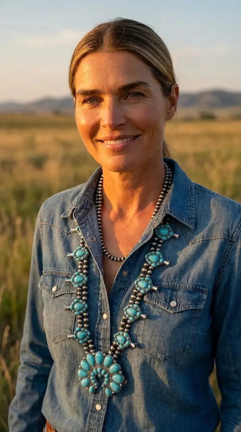 Western Huge Double-Strand Faux Turquoise Squash Blossom Statement Necklace — 32 Inch - Rooted & Reckless Co.