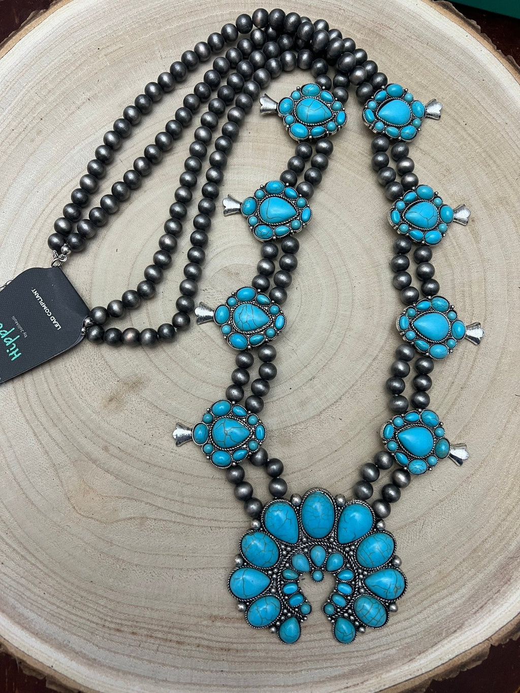 Western Huge Double-Strand Faux Turquoise Squash Blossom Statement Necklace — 32 Inch - Rooted & Reckless Co.