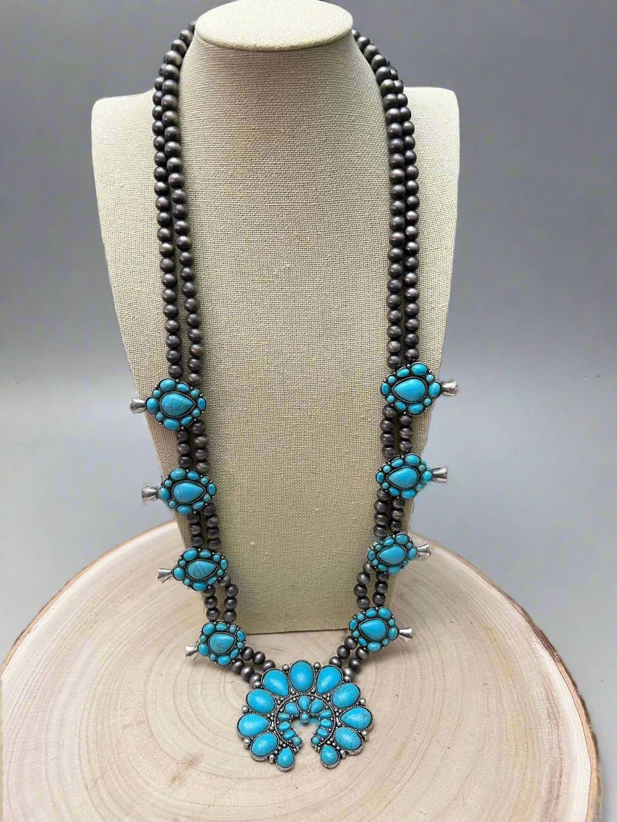 Western Huge Double-Strand Faux Turquoise Squash Blossom Statement Necklace — 32 Inch - Rooted & Reckless Co.