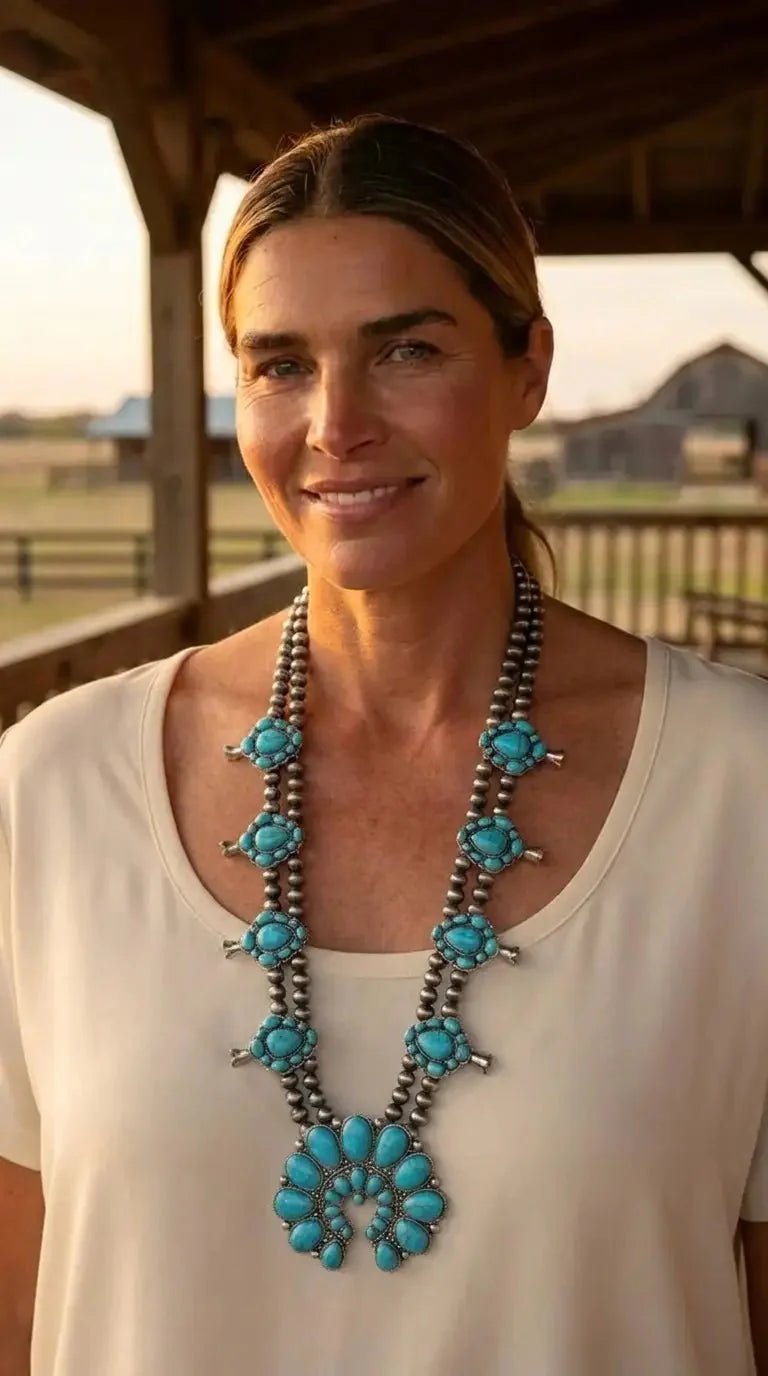 Western Huge Double-Strand Faux Turquoise Squash Blossom Statement Necklace — 32 Inch - Rooted & Reckless Co.