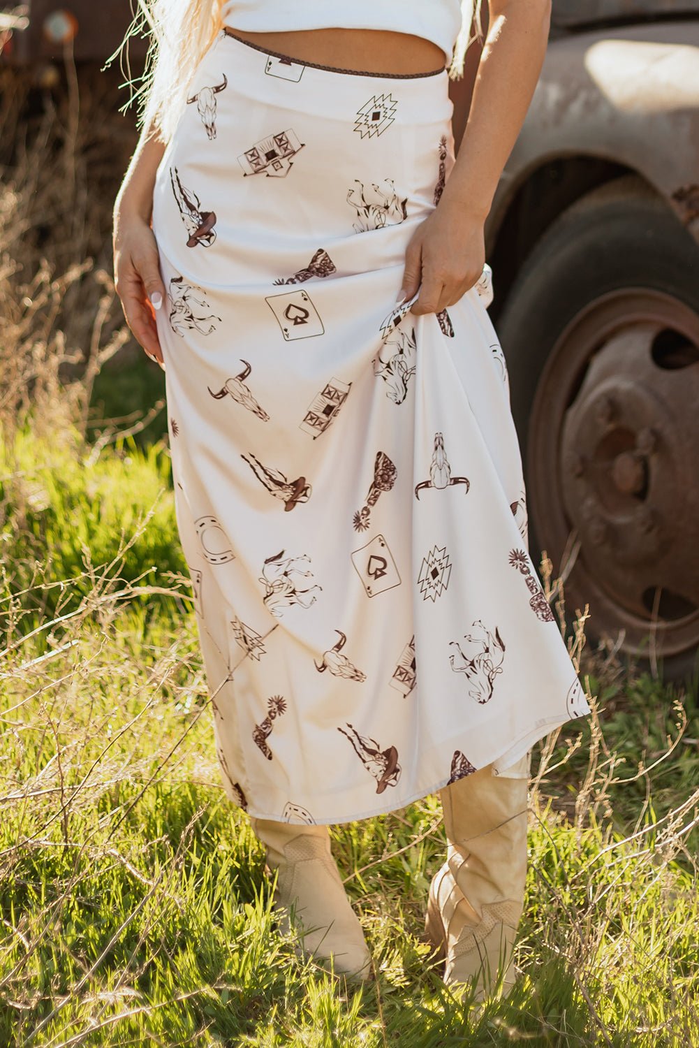 Western Lace Trim High Waist Maxi Skirt - Rooted & Reckless Co.