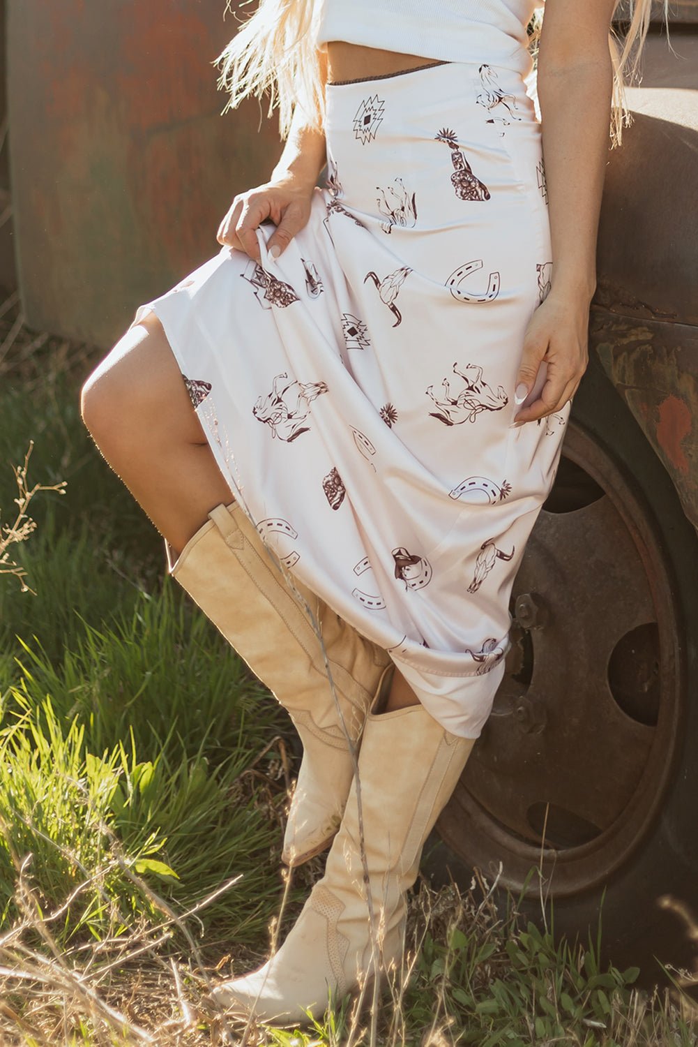 Western Lace Trim High Waist Maxi Skirt - Rooted & Reckless Co.