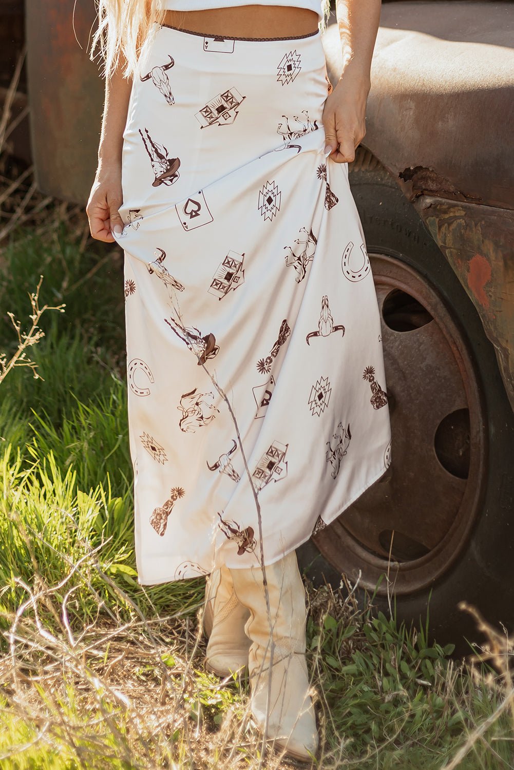 Western Lace Trim High Waist Maxi Skirt - Rooted & Reckless Co.