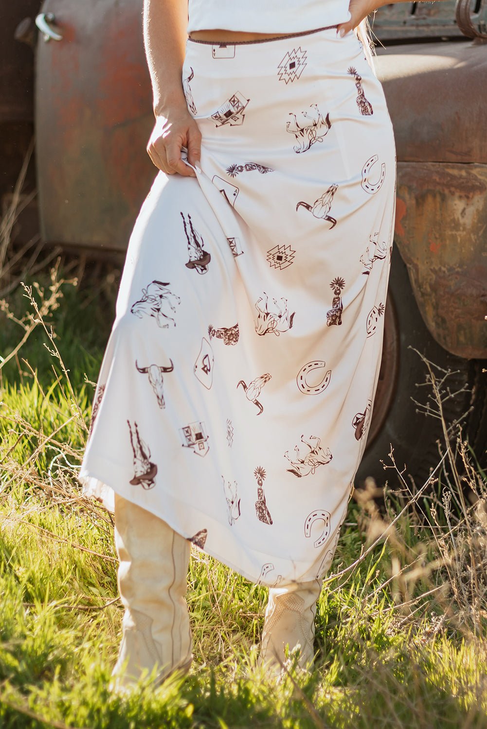 Western Lace Trim High Waist Maxi Skirt - Rooted & Reckless Co.