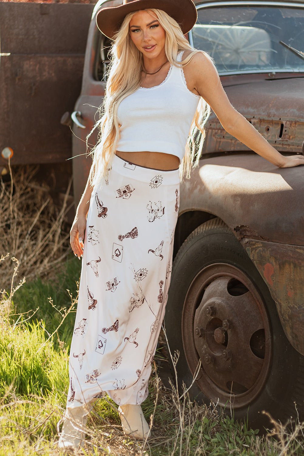 Western Lace Trim High Waist Maxi Skirt - Rooted & Reckless Co.