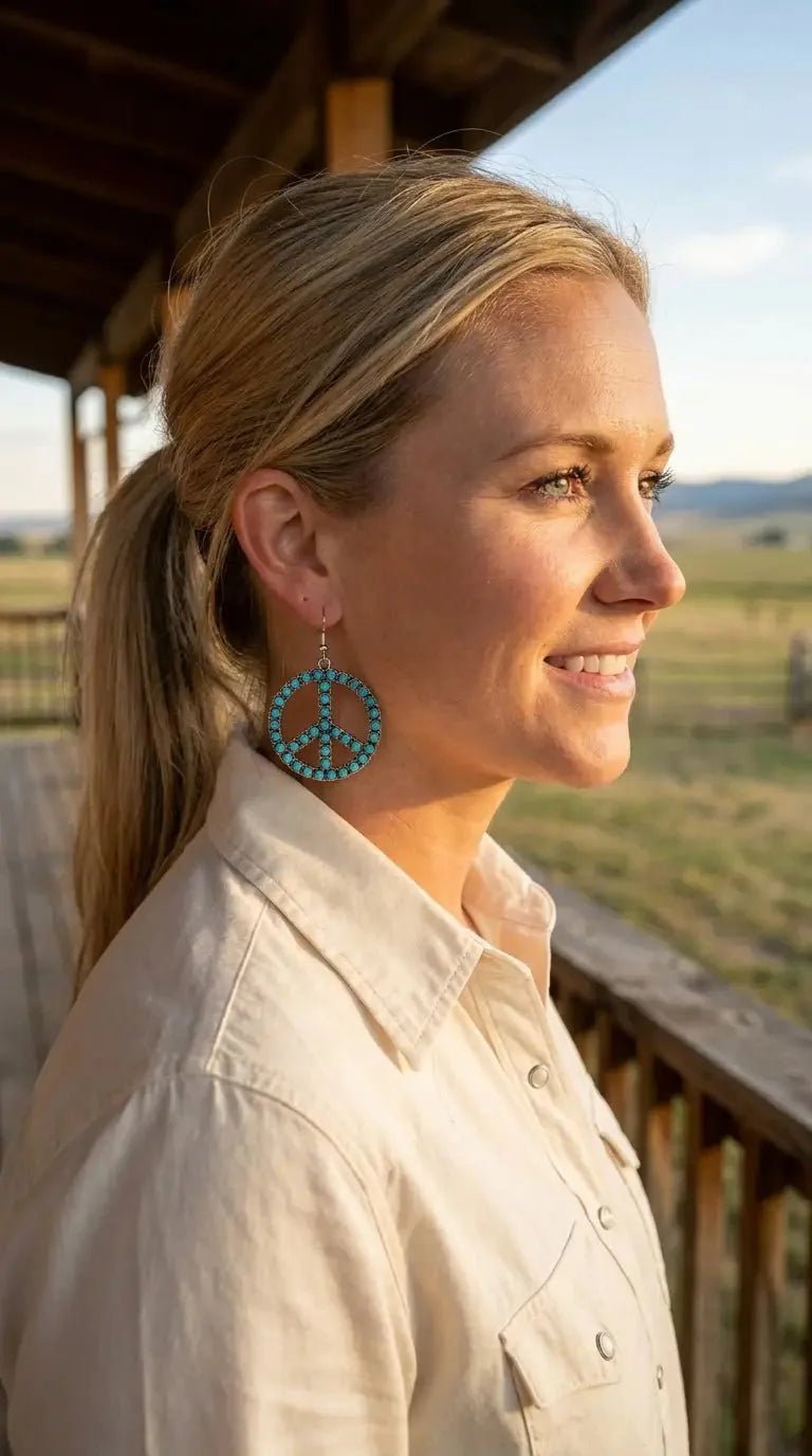 Western Large Peace Sign Dangle Earrings — Rustic 1¼" Statement - Rooted & Reckless Co.