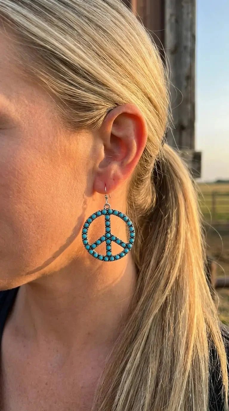 Western Large Peace Sign Dangle Earrings — Rustic 1¼" Statement - Rooted & Reckless Co.